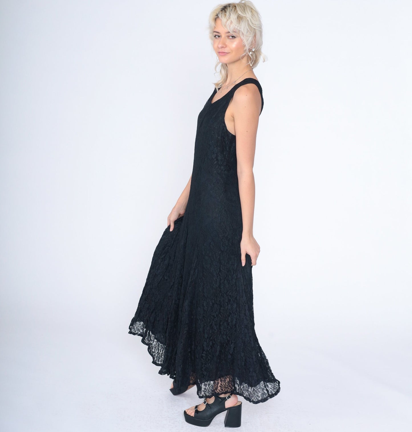 90s Black Lace Maxi Dress Sleeveless Criss Cross Large L