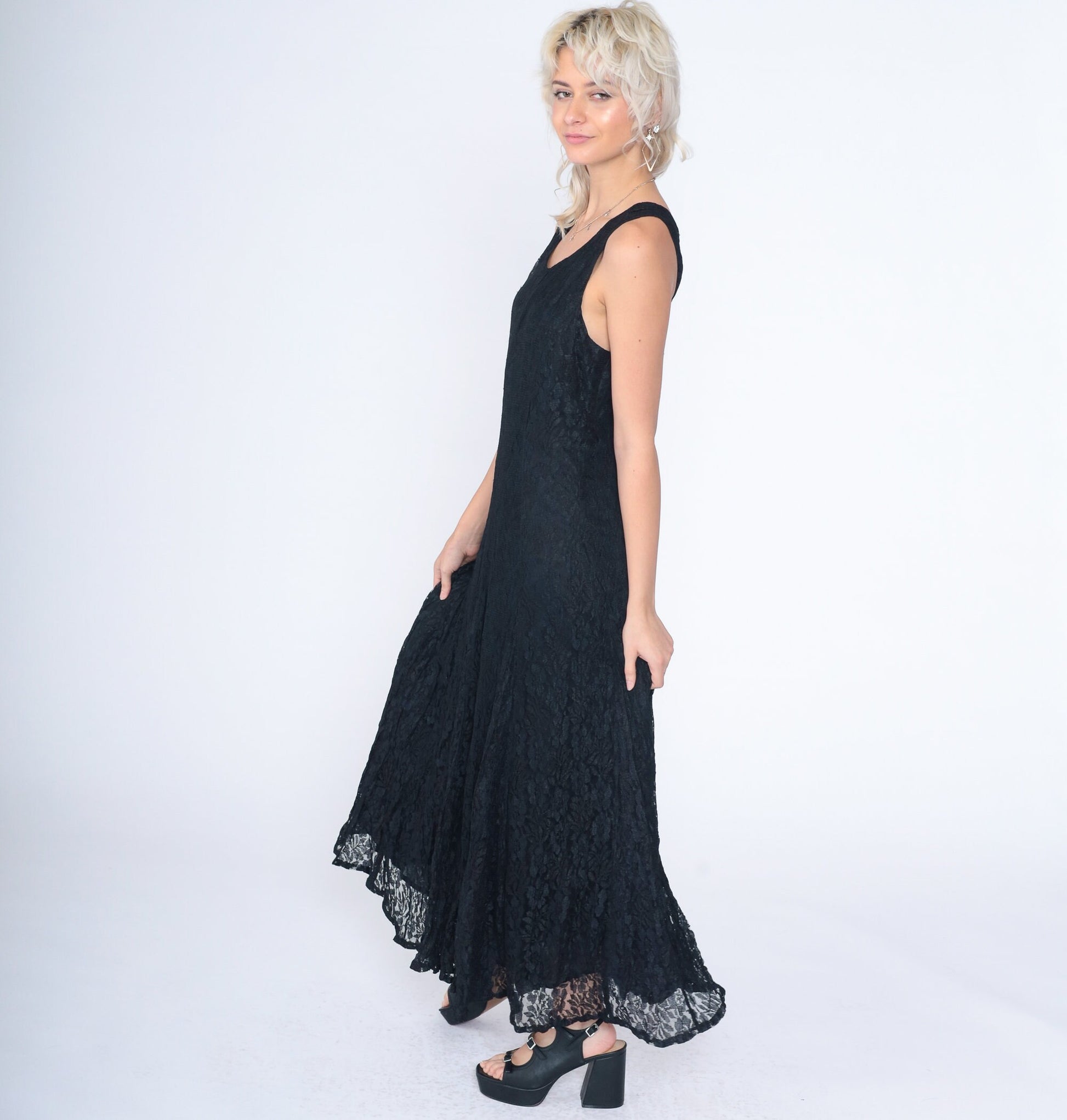 90s Black Lace Maxi Dress Sleeveless Criss Cross Large L