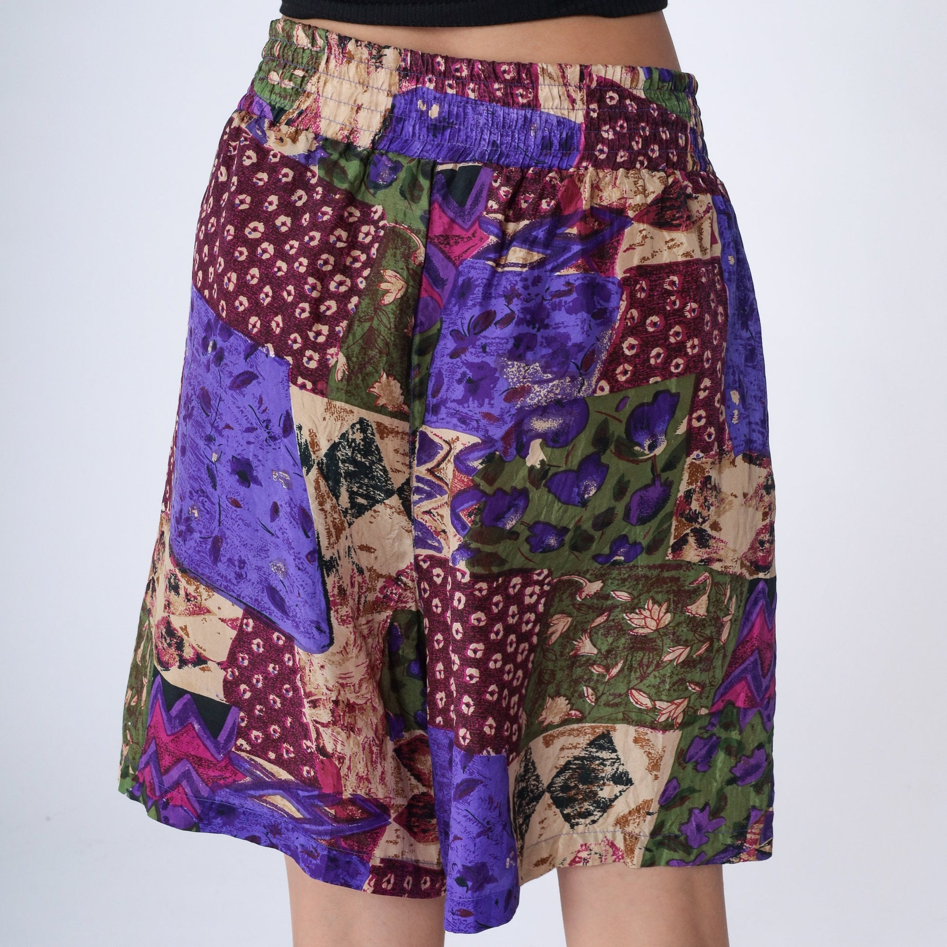 90s Silk Patchwork Floral Pleated Shorts High Waist Wide Leg Small