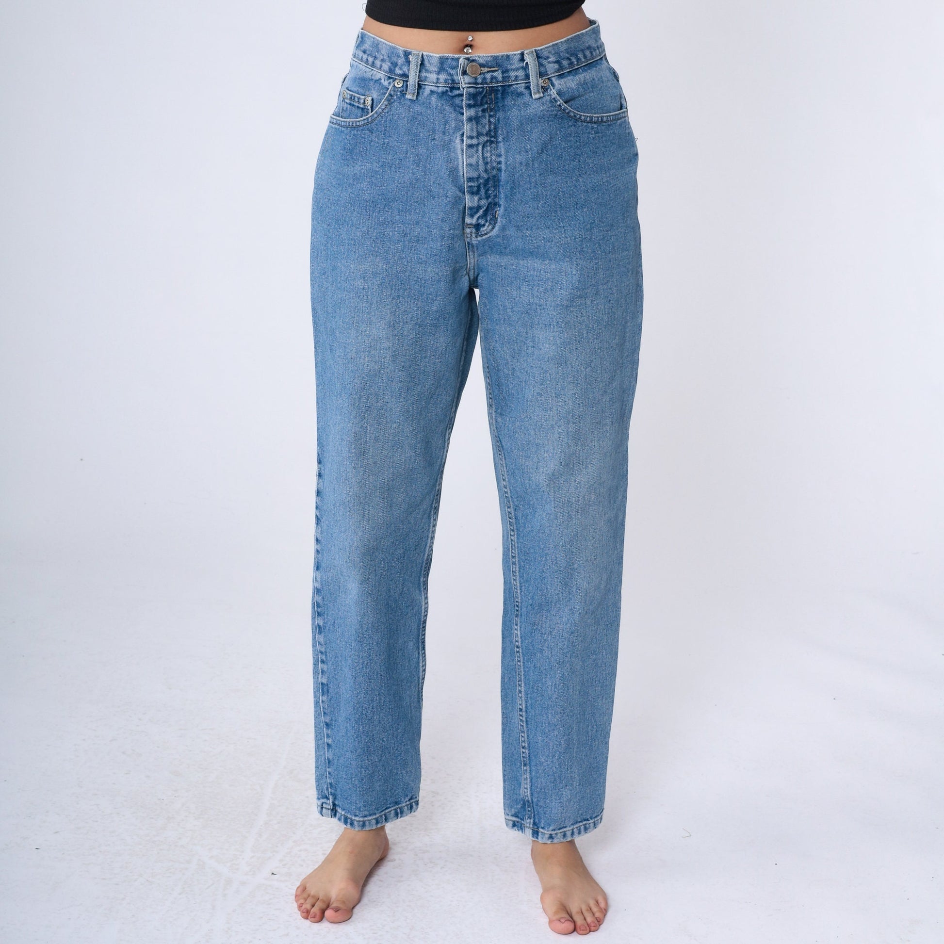 90s Mom Jeans High Rise Tapered Denim Stone Wash Blue Medium