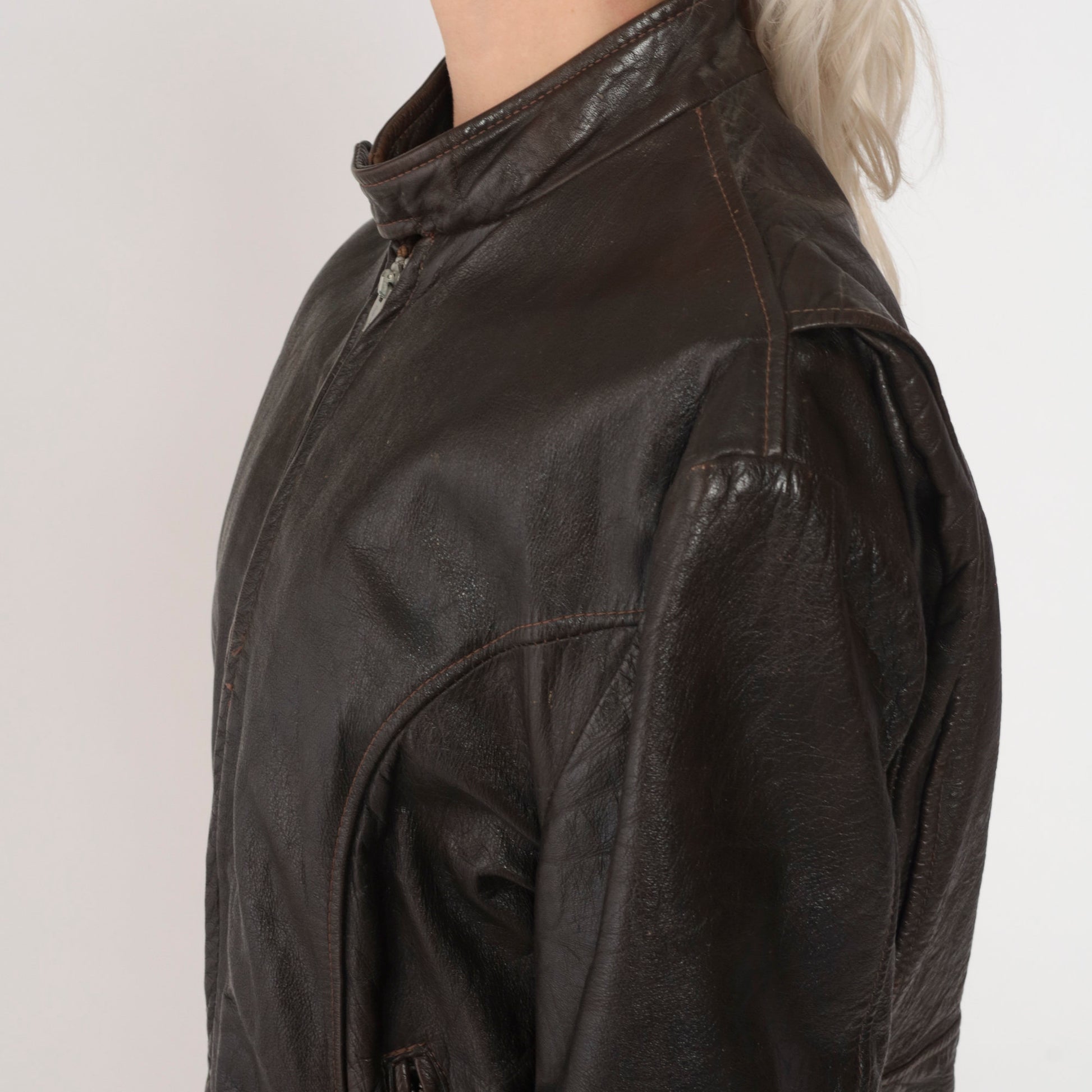 70s Dark Brown Leather Moto Jacket Zip Front Removable Lining Small S