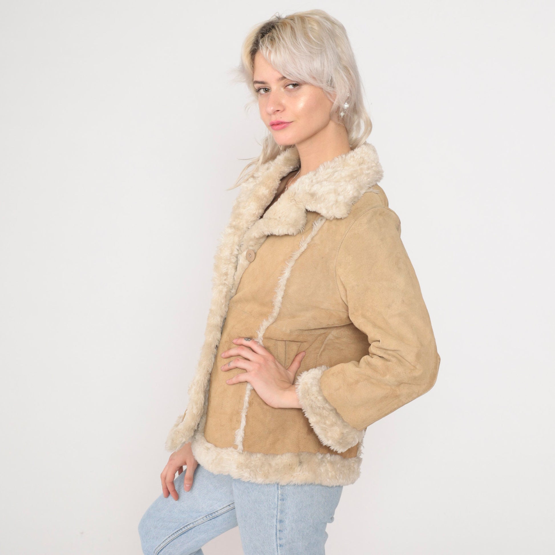 Y2K Wilsons Leather Kids Suede Sherpa Jacket Brown Button-Up Extra Small