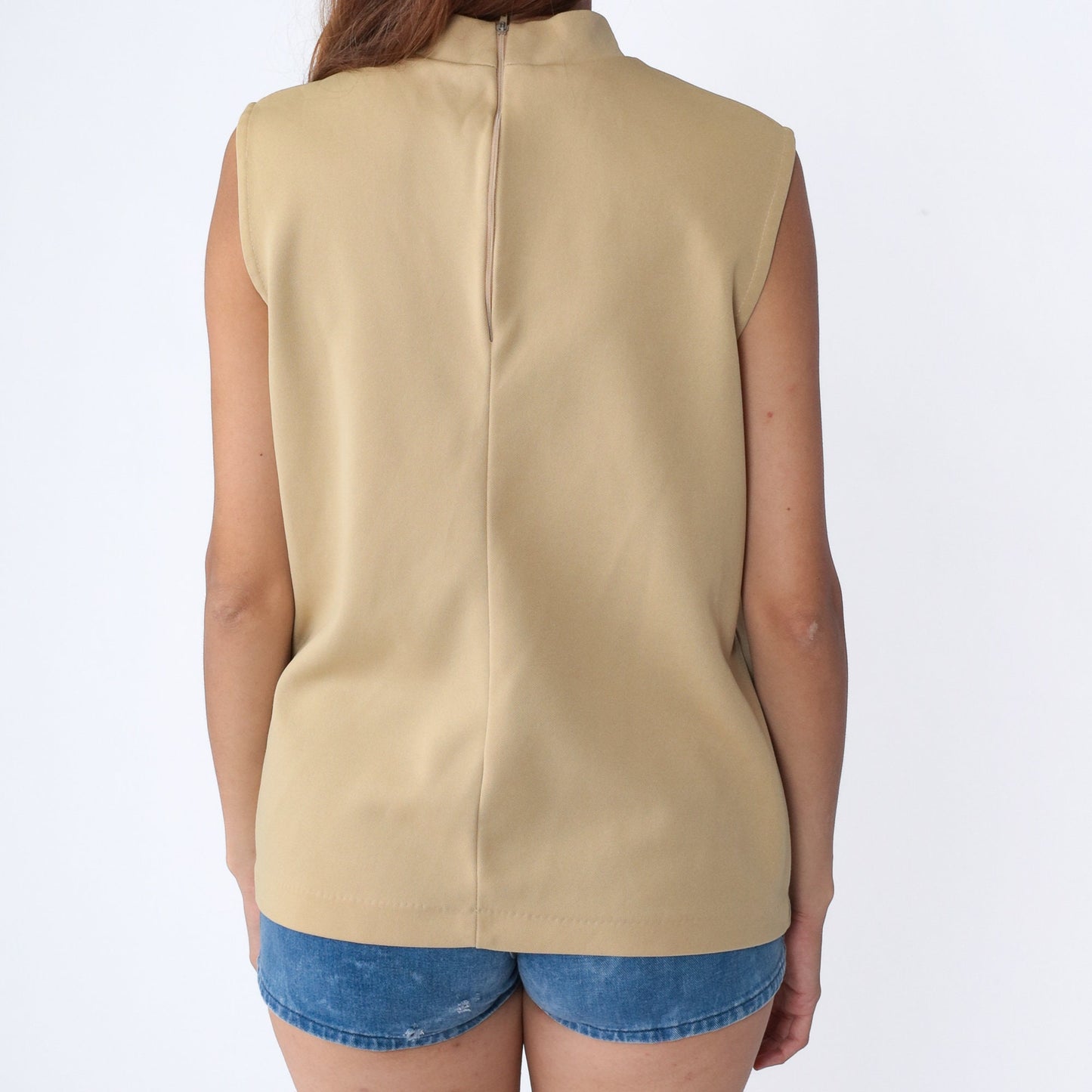 70s Beige Mock Neck Tank Top Sleeveless Blouse Large L