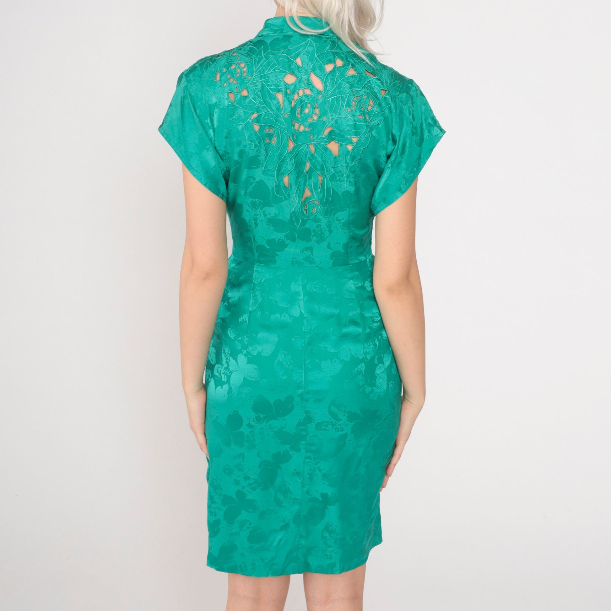 90s Lauren Alexandra Petites Green Silk Floral Mini Dress Cutwork Button-Up XS