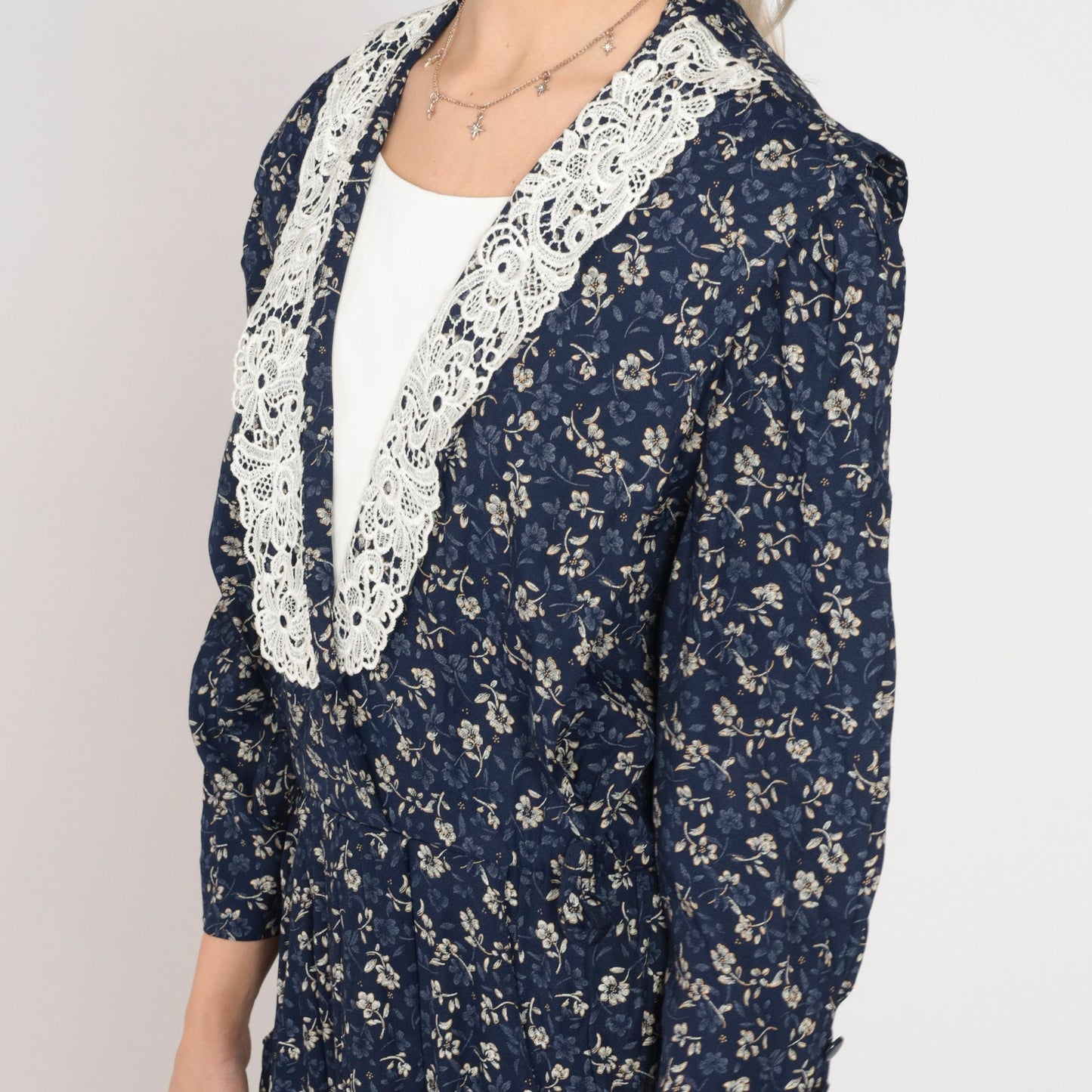90s Navy Floral Midi Dress Puff Sleeve V-Neck Lace Medium