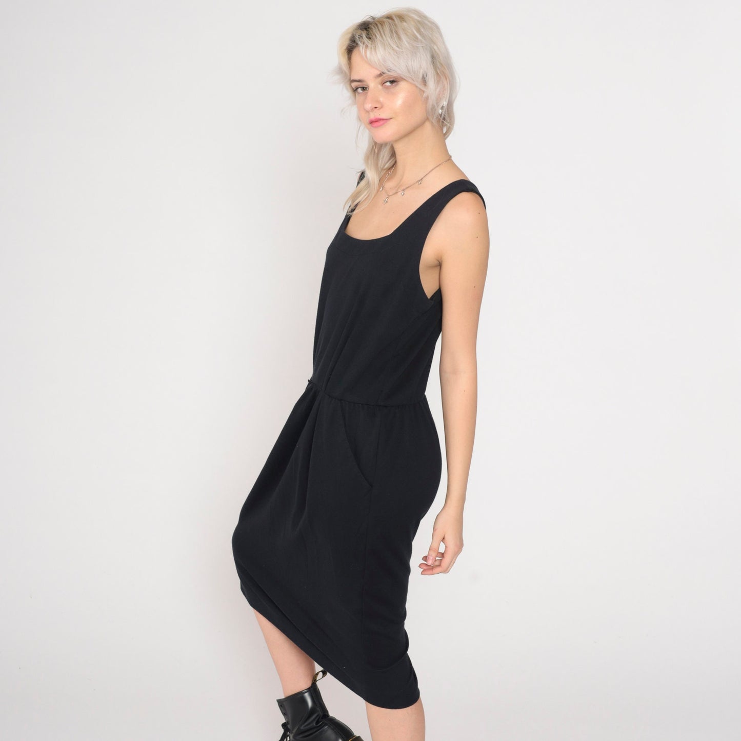 90s Black Midi Tank Dress High Waist Sleeveless Scoop Neck Large