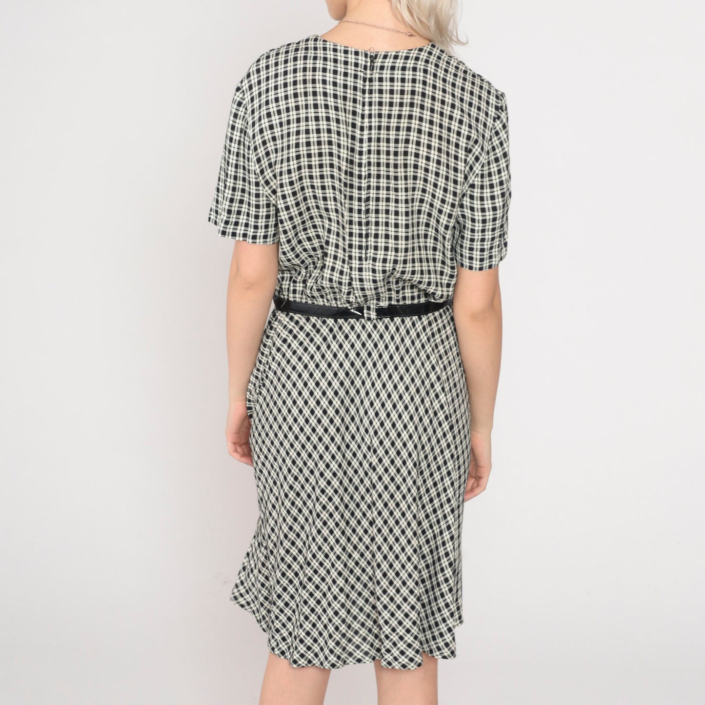 90s Black Cream Checkered Mini Dress High Waist Belted Short Sleeve Small Medium