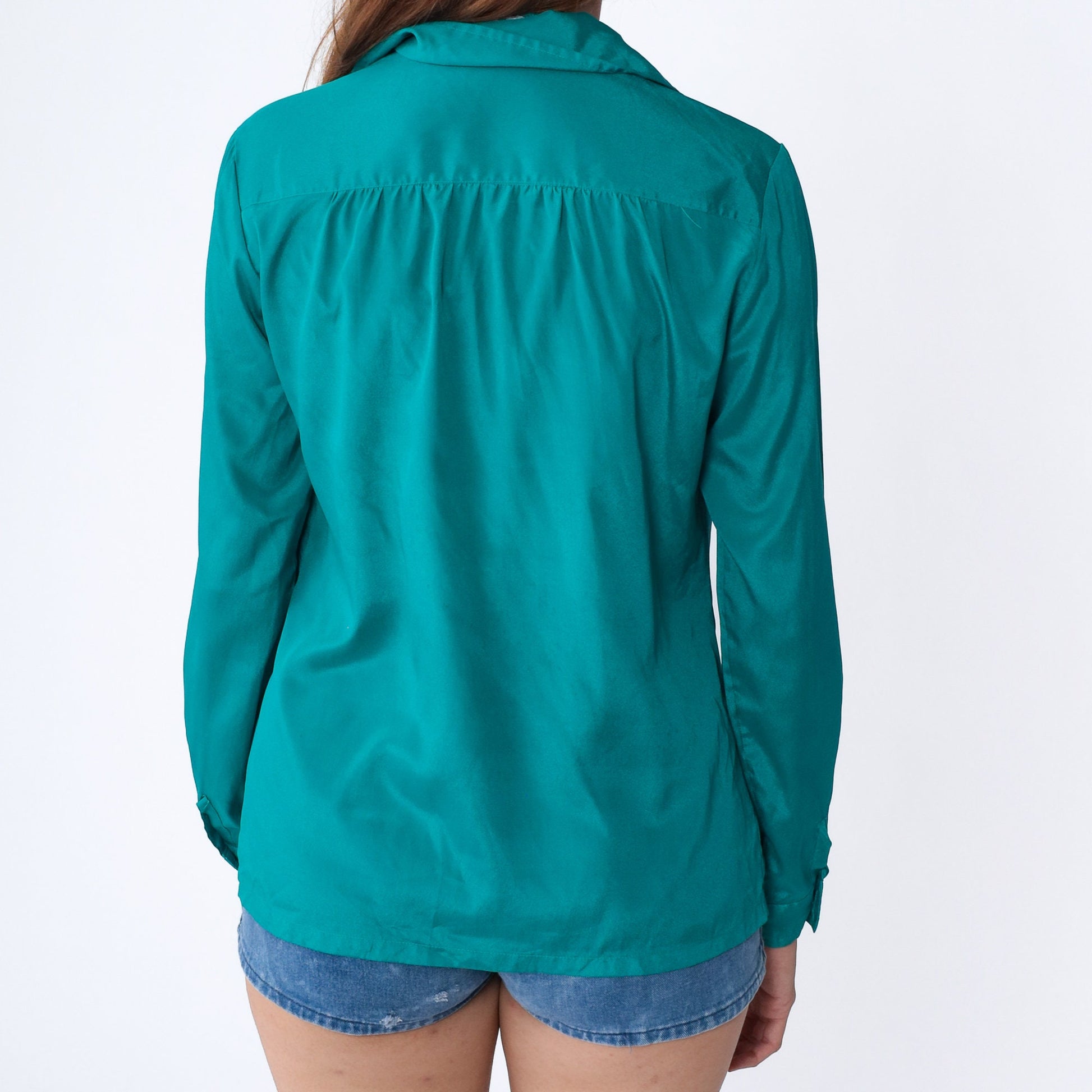 90s Teal Green Button-Up Blouse Notch Collar Long Sleeve Medium