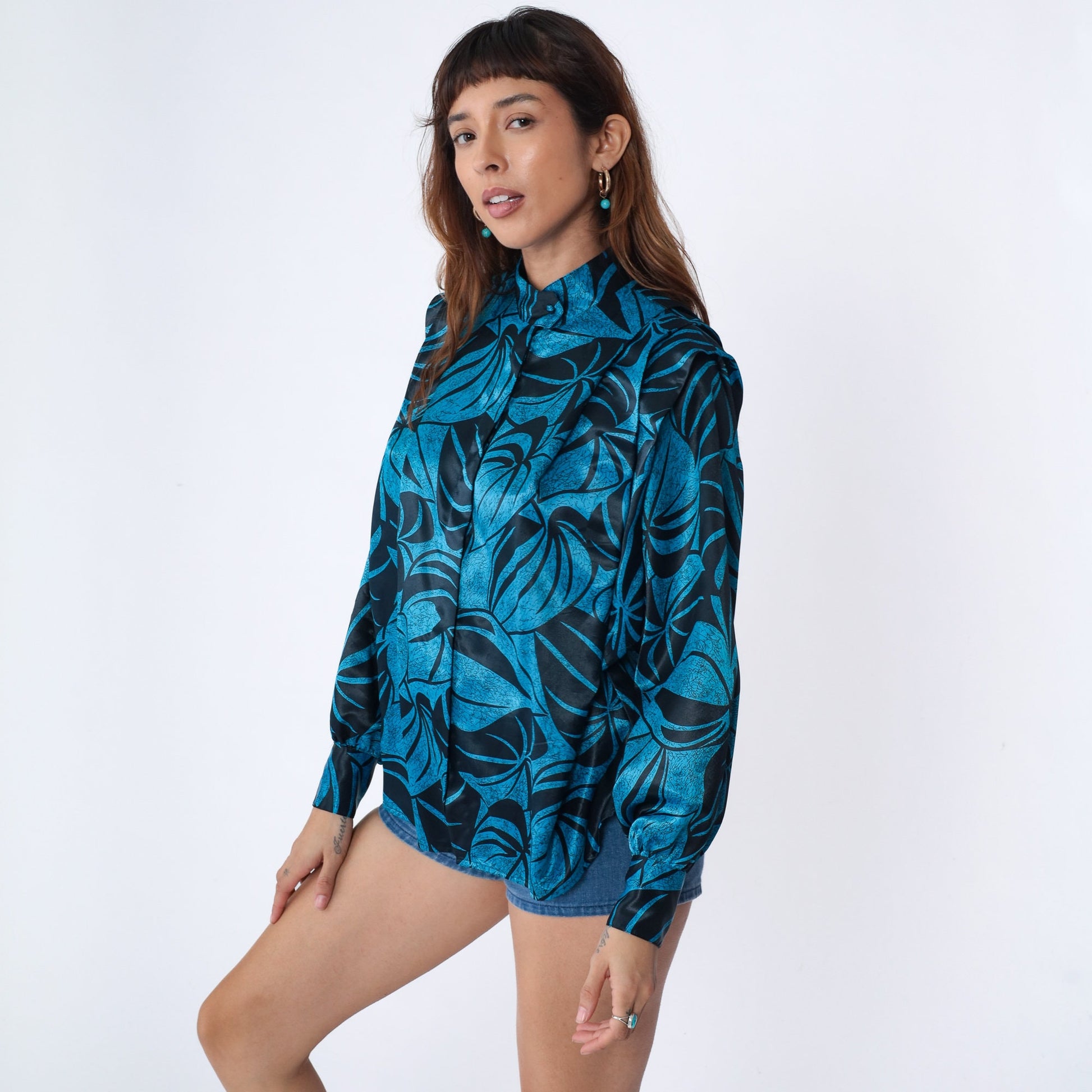 80s Leaf Print Blouse Black Blue Mock Neck Pleated Balloon Sleeve Large