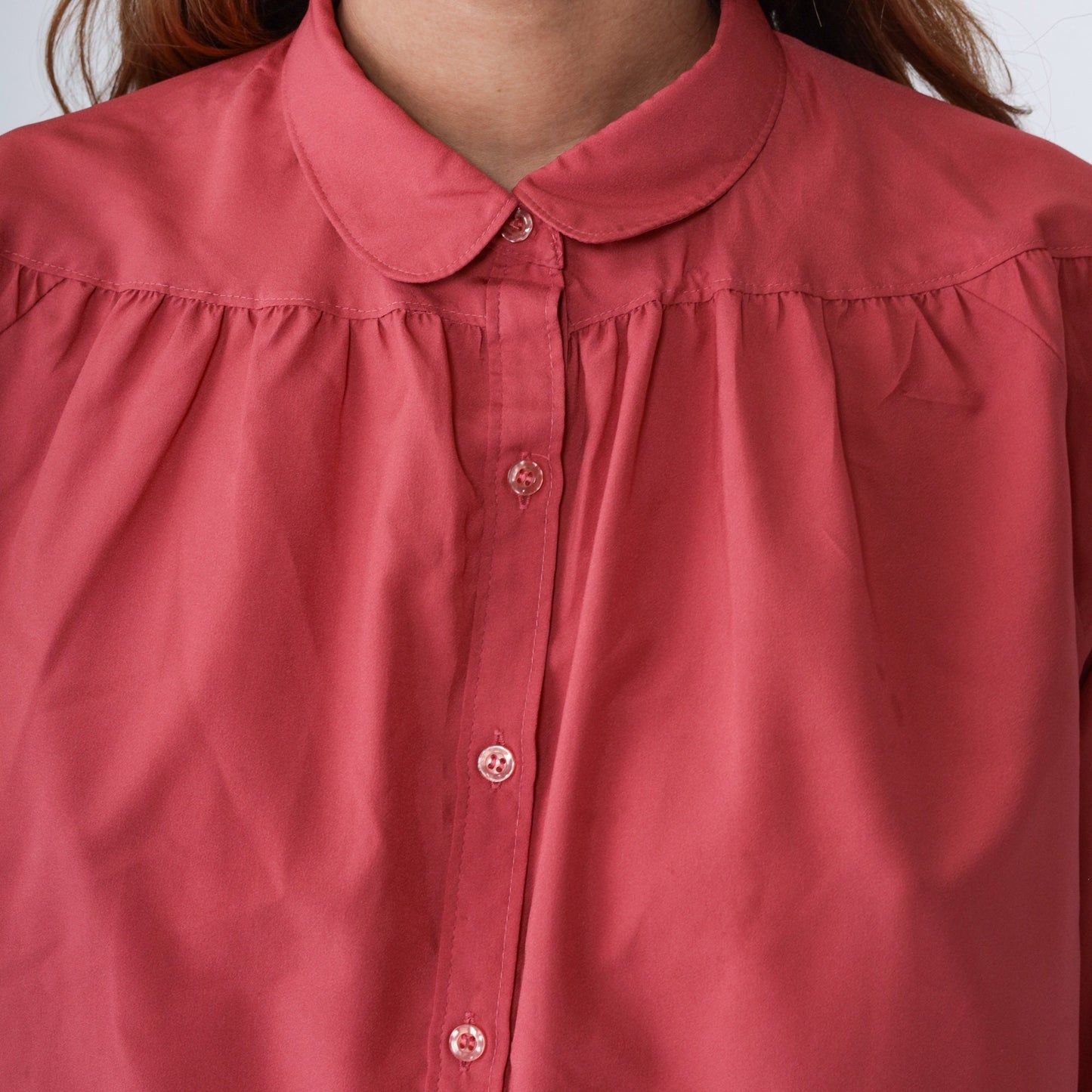 70s Dark Coral Pink Button-Up Blouse Peter Pan Collar Long Sleeve Medium