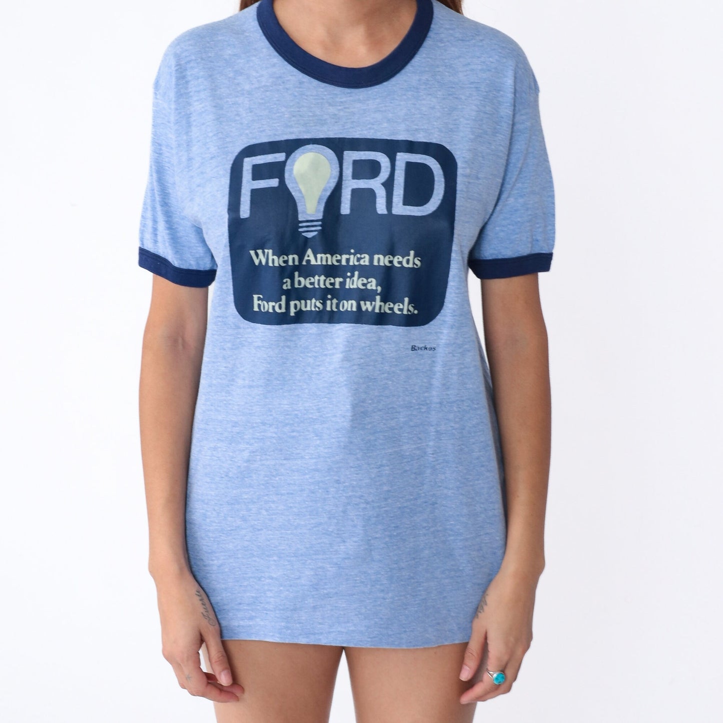 80s Ford Graphic Ringer Tee Blue Single Stitch T-Shirt Medium