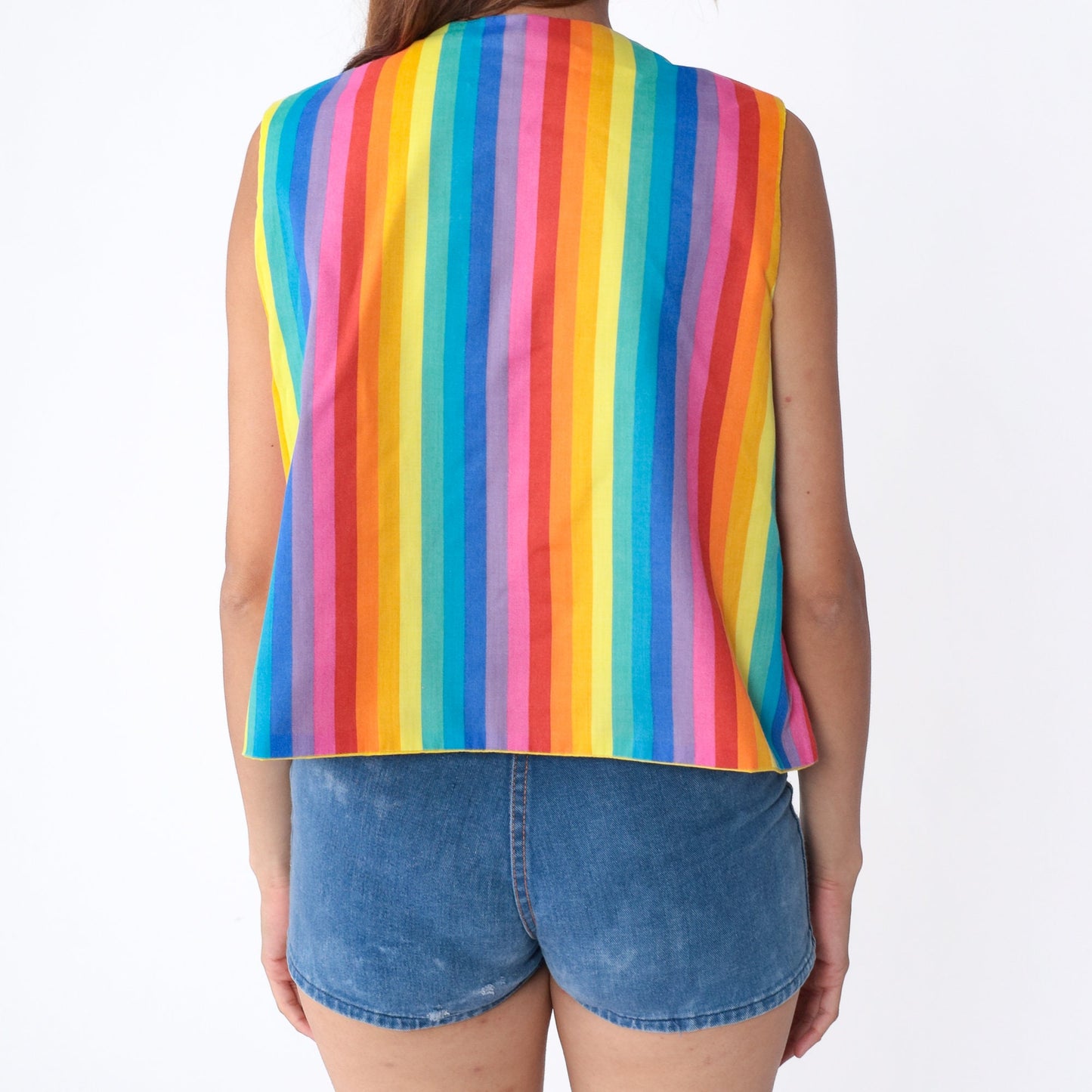 70s Rainbow Stripe Open Front Vest Sleeveless Top Medium