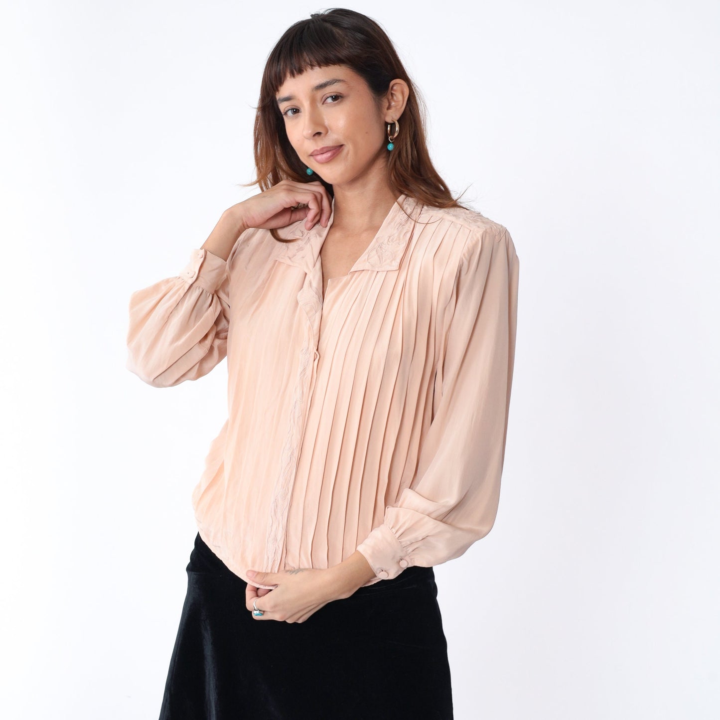 80s Paul Alexander Pink Silk Blouse Floral Embroidered Pleated Collared Small