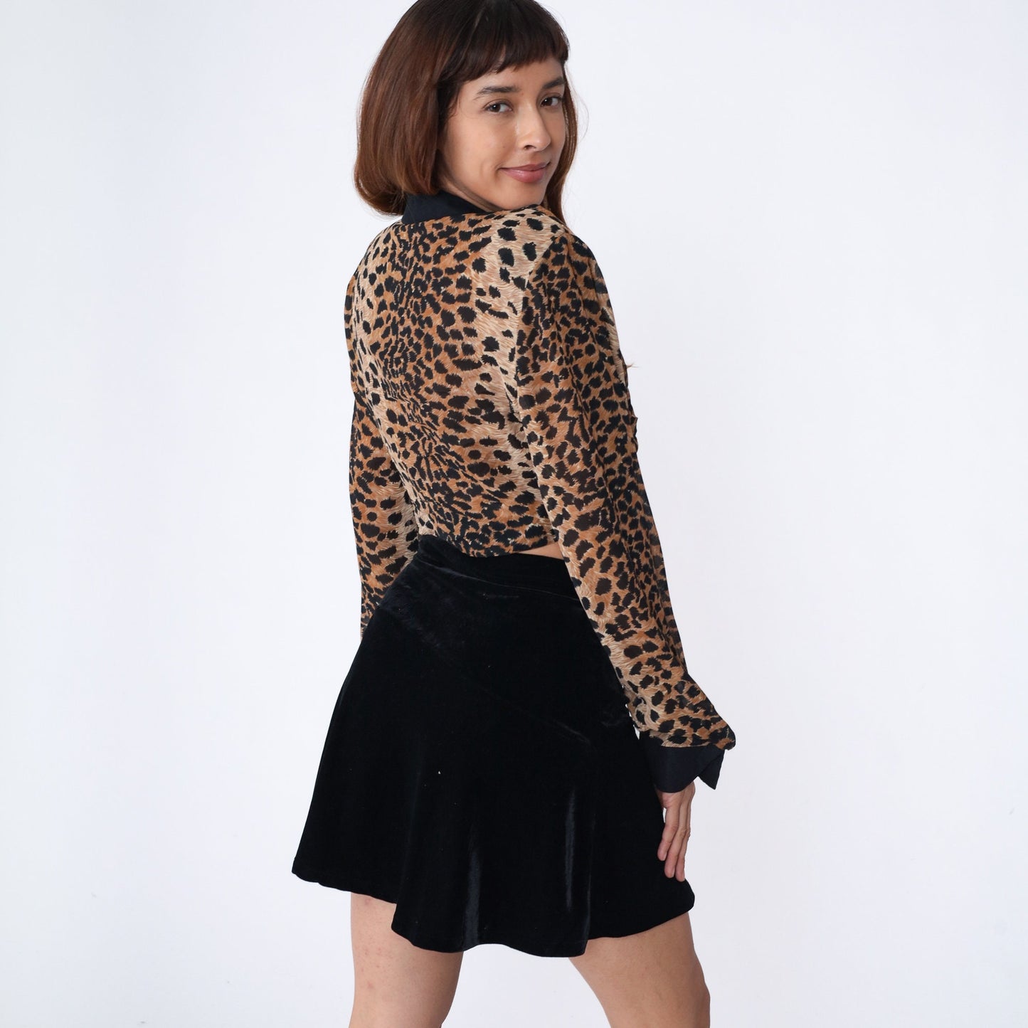 90s Cheetah Print Tie Front Crop Top Long Sleeve Collared Blouse Large L