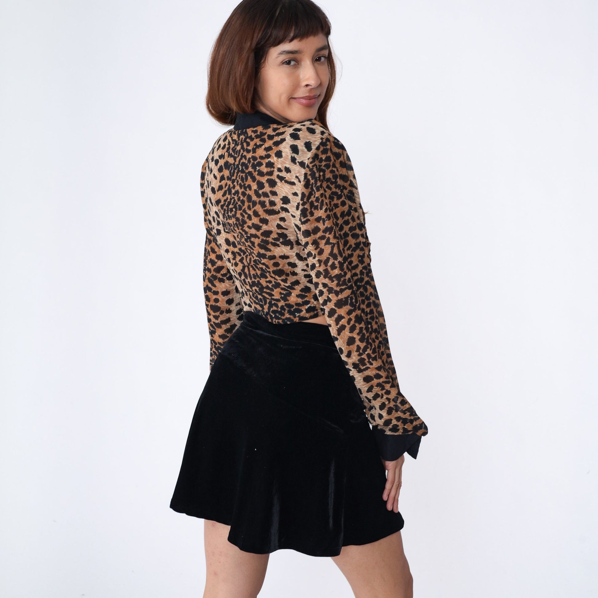 90s Cheetah Print Tie Front Crop Top Long Sleeve Collared Blouse Large L