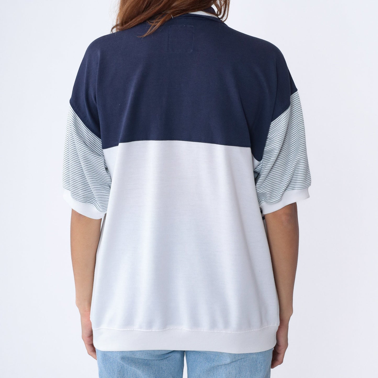90s Striped Polo Shirt White Navy Blue Banded Hem Chest Pocket Extra Large XL