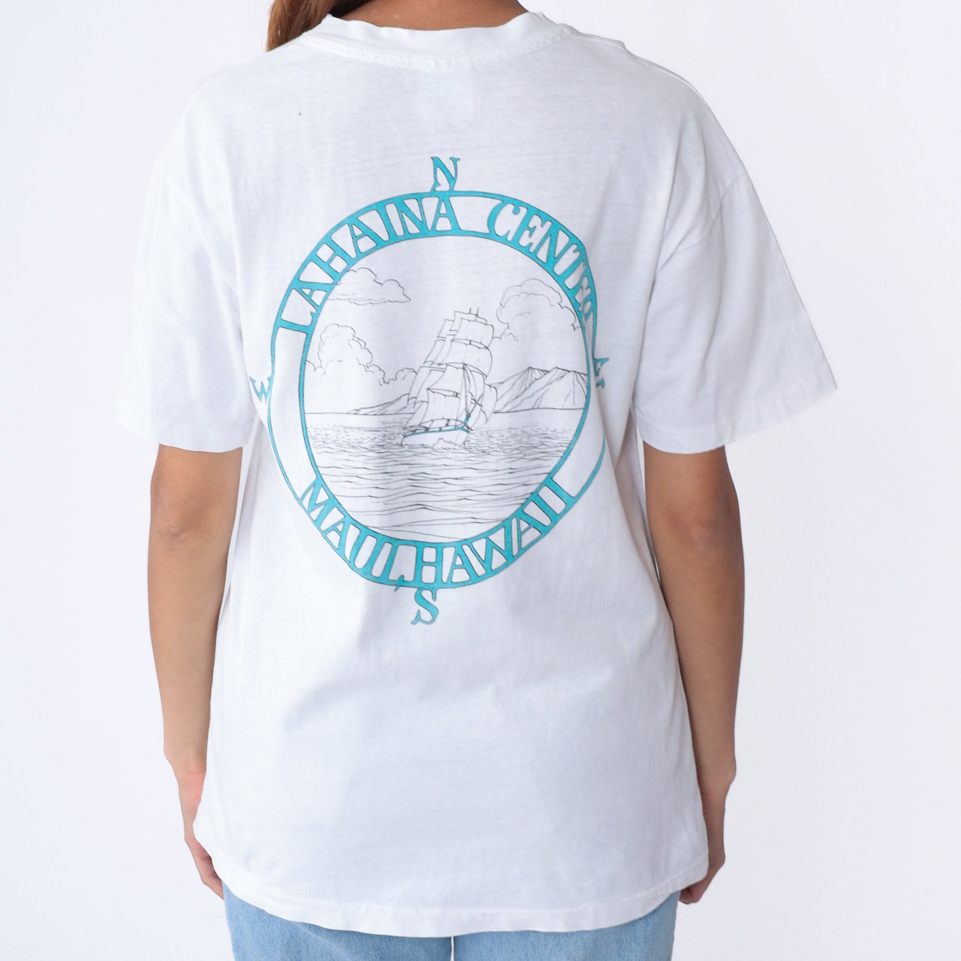 90s Lahaina Center Hawaii Graphic T-Shirt Wooden Ship Compass White Cotton Medium