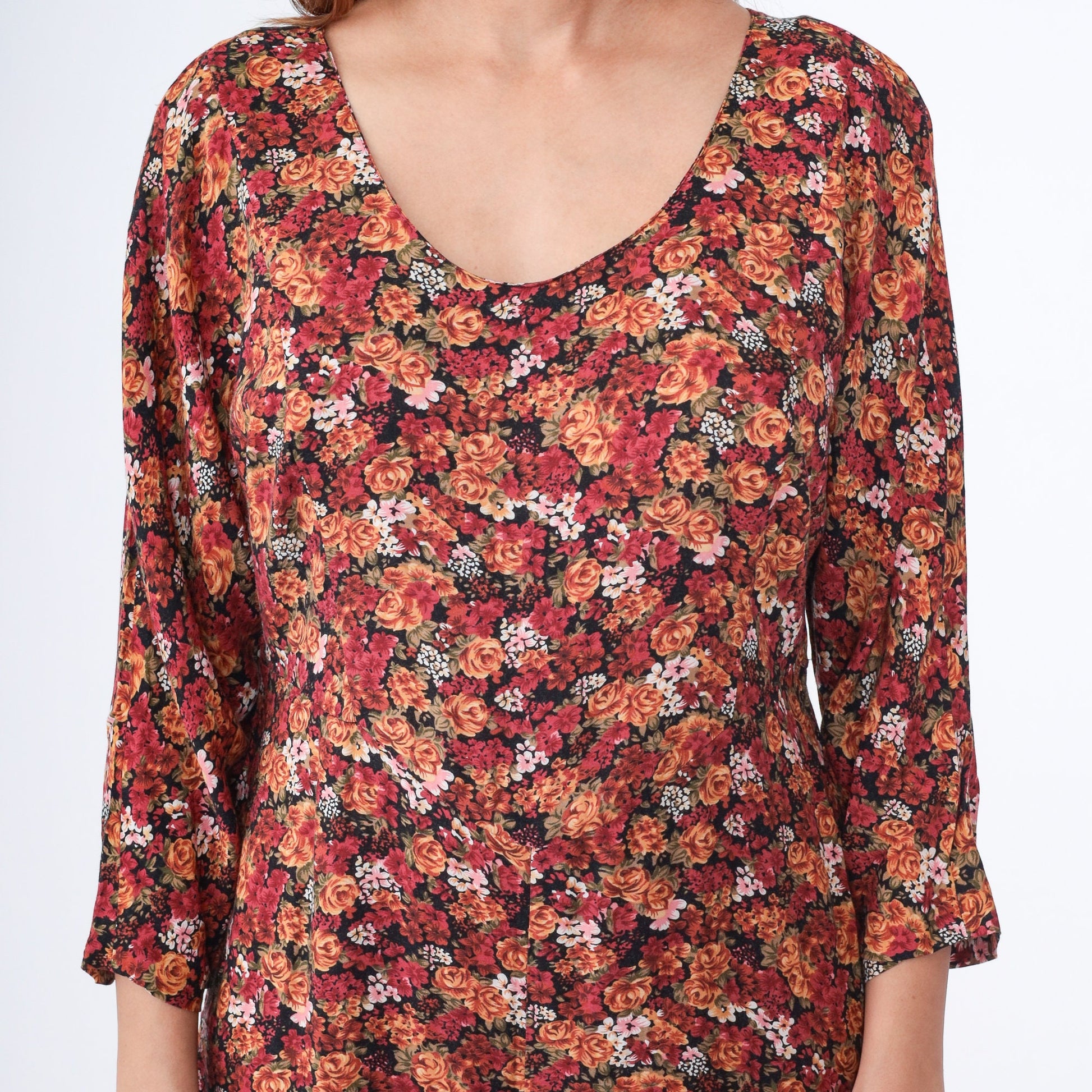 90s Red Orange Floral Rayon Jumpsuit Wide Leg Scoop Neck Medium