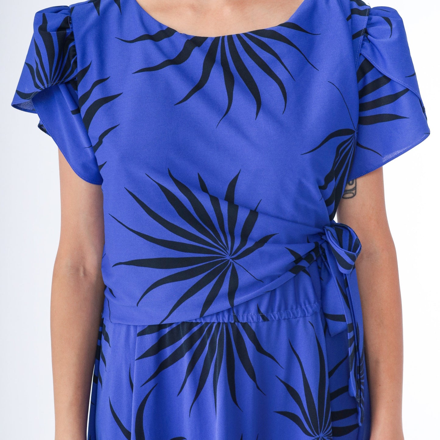 80s Franky B Tropical Leaf Print Wrap Midi Dress Puff Sleeve Purple-Blue Large