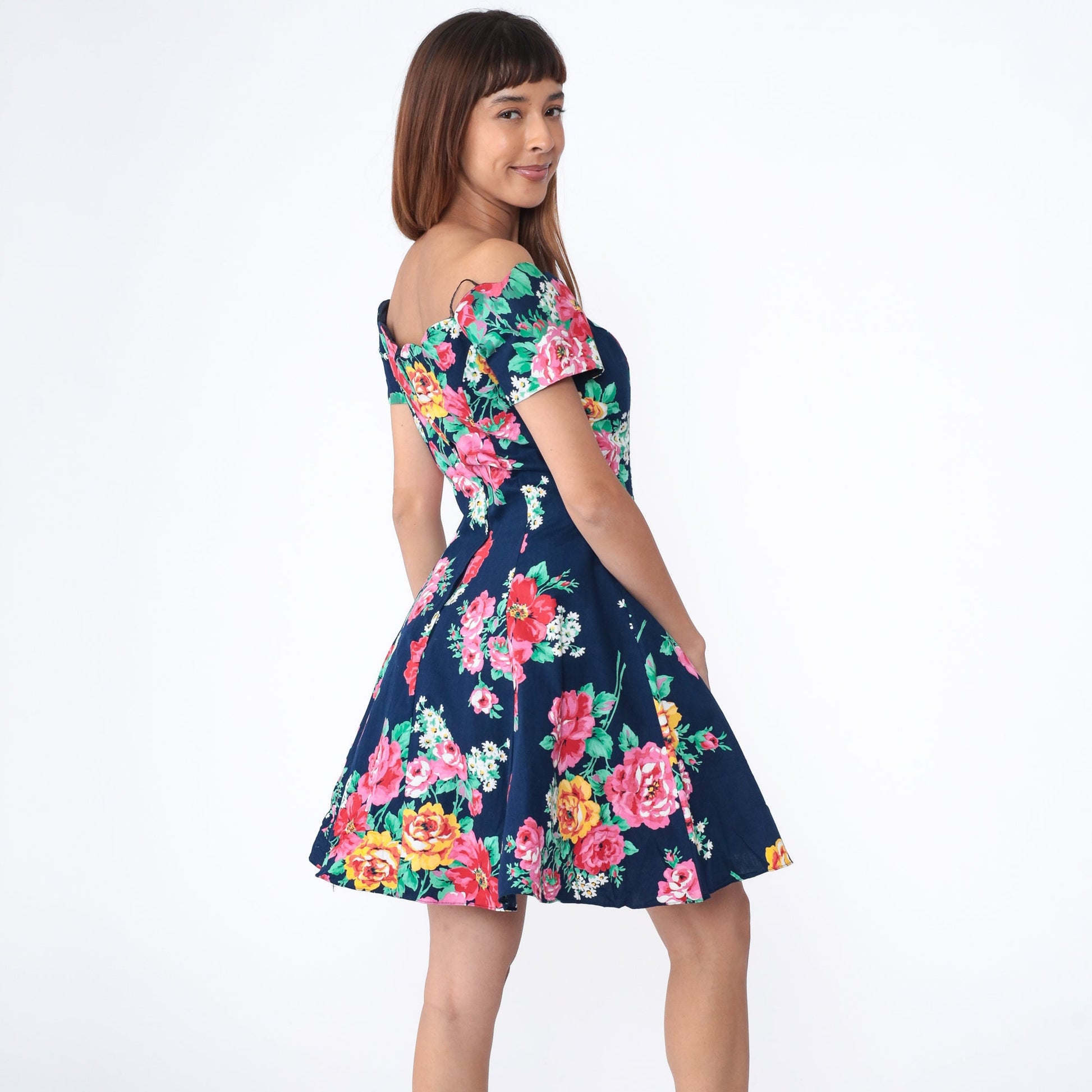80s Floral Off-Shoulder Mini Dress Navy Blue Scalloped Neckline Small S