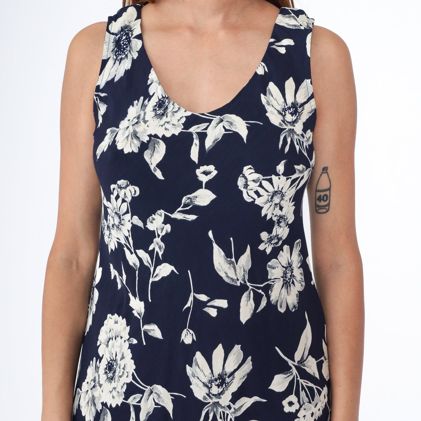 90s Navy Floral Midi Dress Sleeveless Shift Sundress Medium
