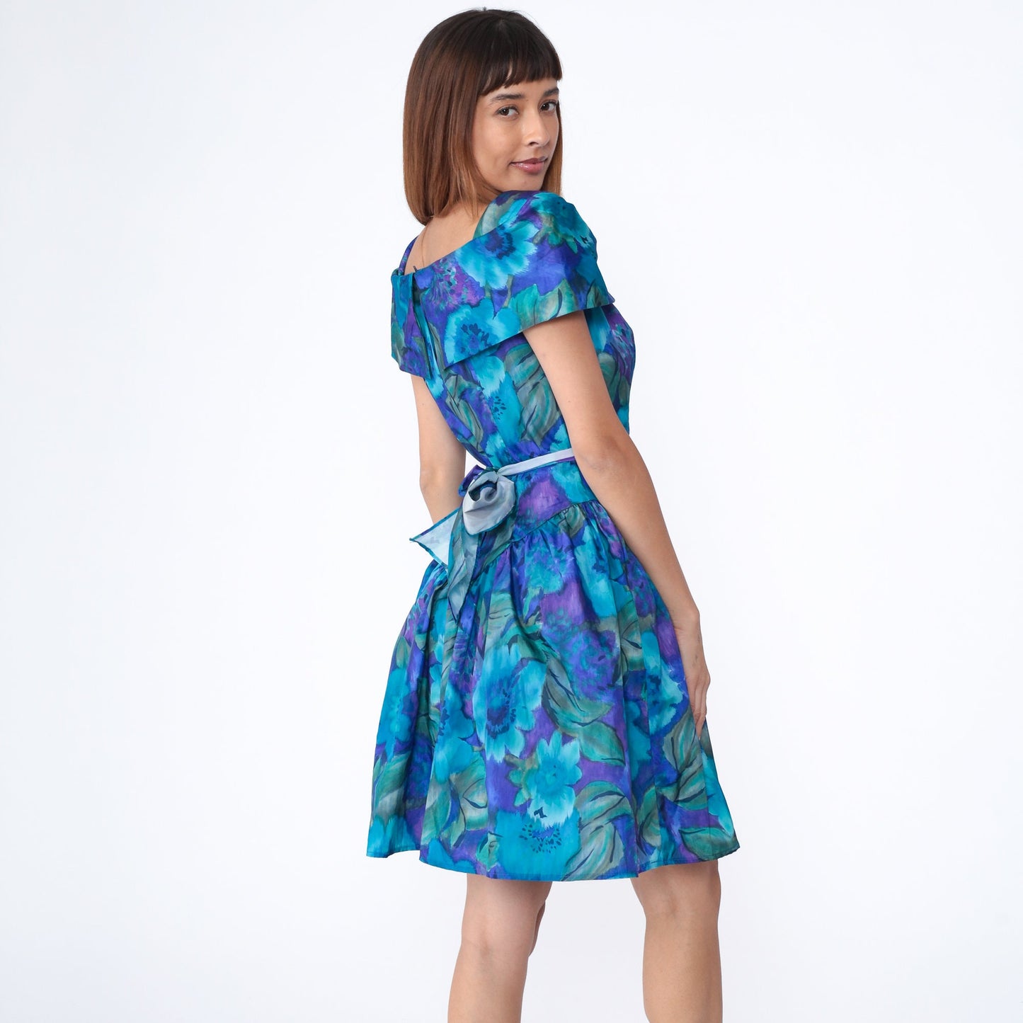 90s Blue Floral Watercolor Mini Dress Short Sleeve Drop Waist Small