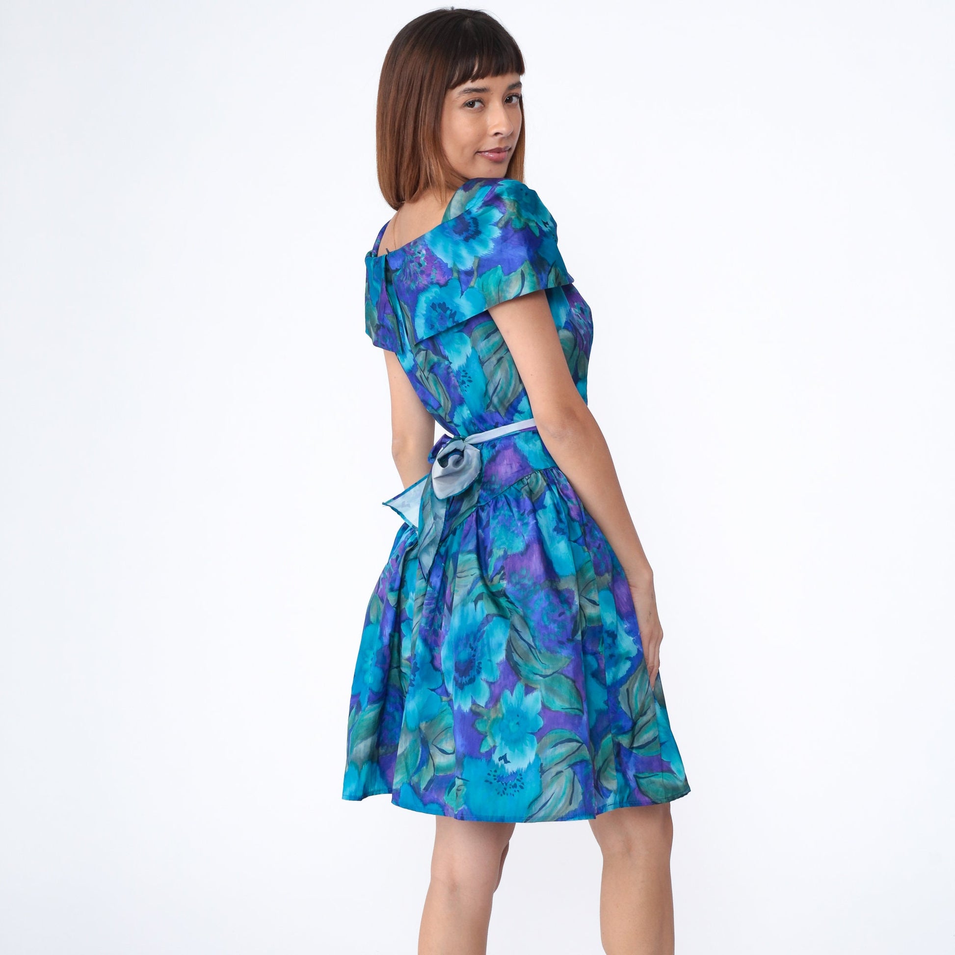 90s Blue Floral Watercolor Mini Dress Short Sleeve Drop Waist Small