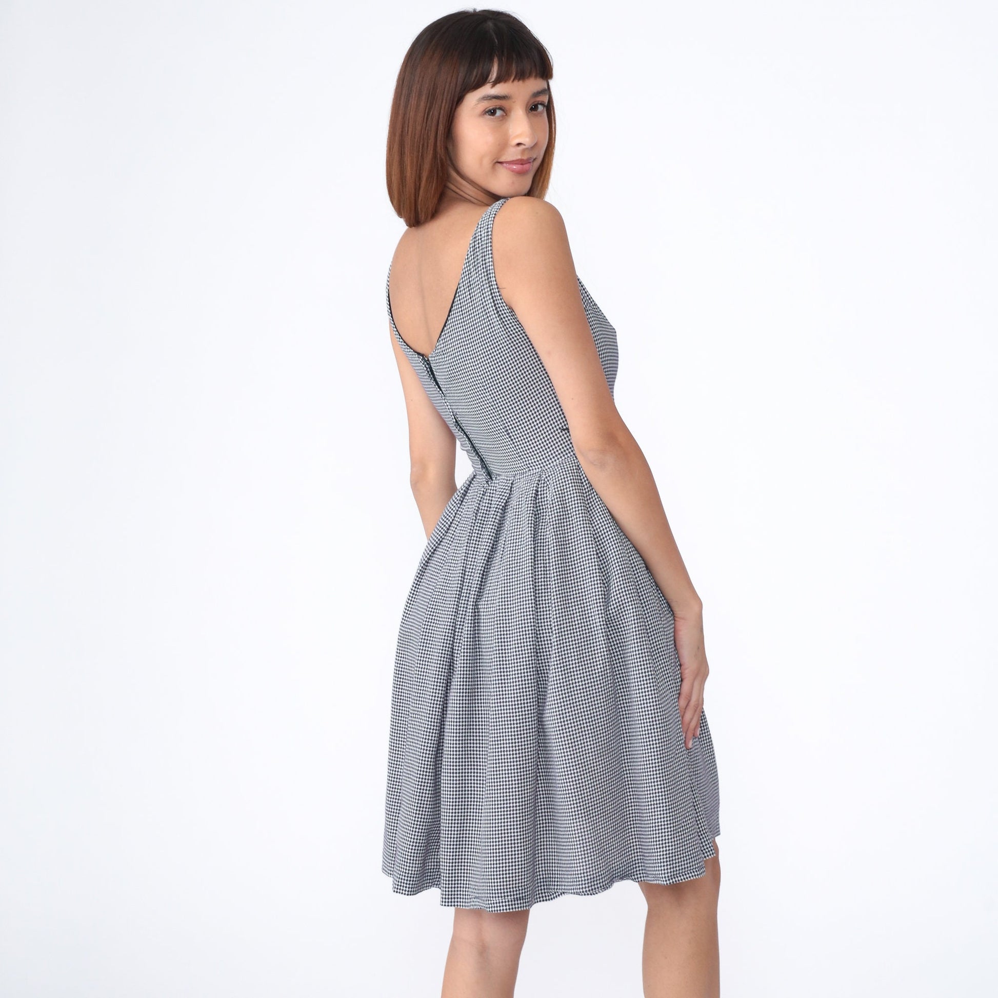 60s Navy White Checkered Mini Dress Pleated High Waist Sleeveless Small