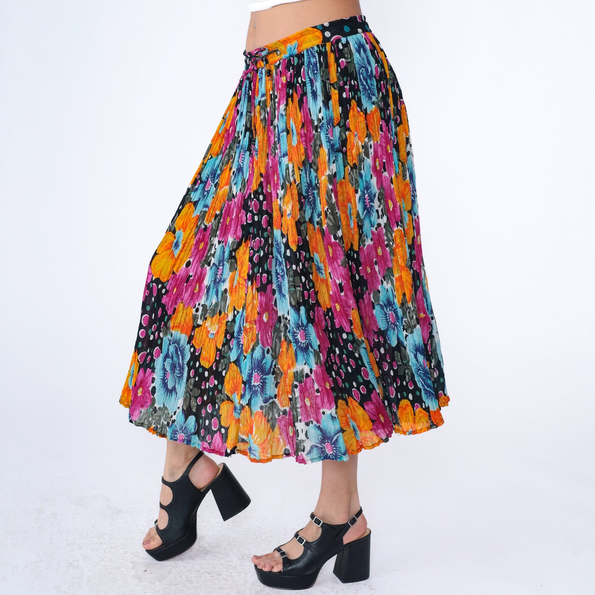 90s Floral Broomstick Skirt Drawstring Midi Cotton Orange Black Fuchsia Medium