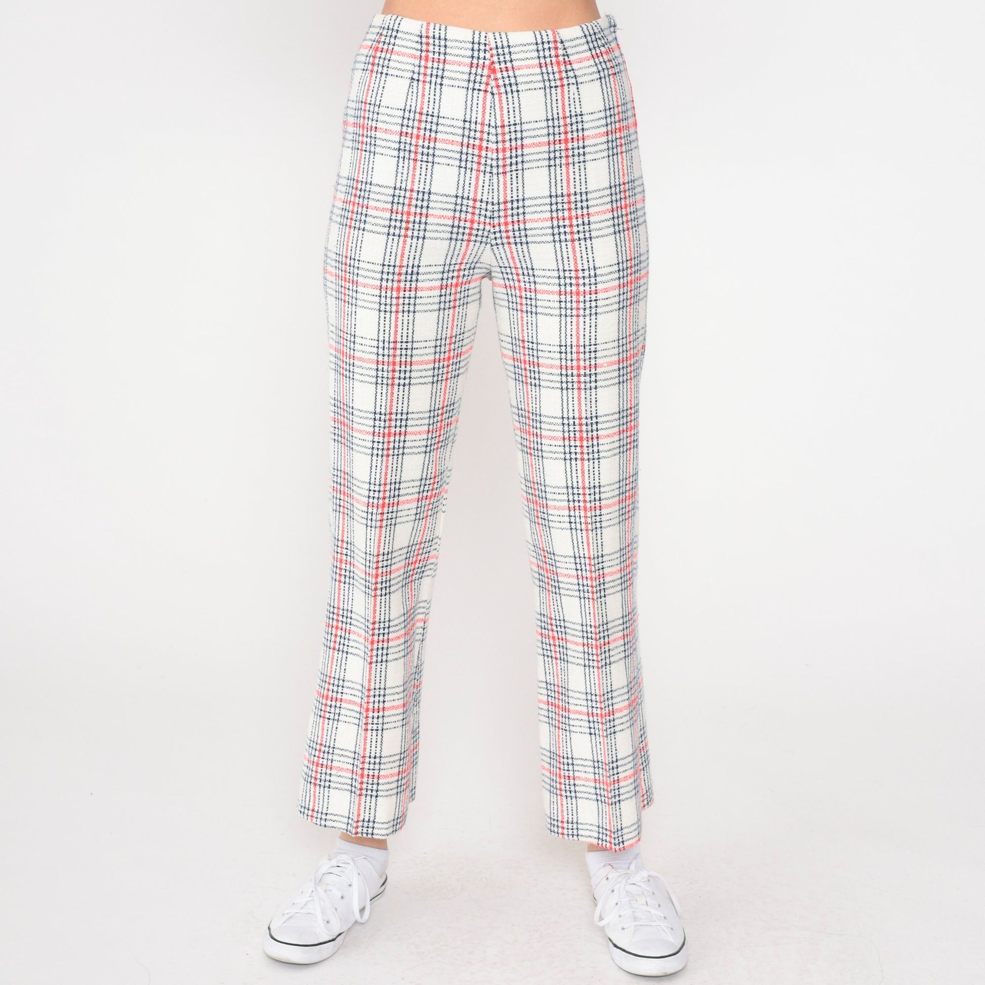60s Plaid Flared Trousers High Waisted Red Navy White Checkered Extra Small
