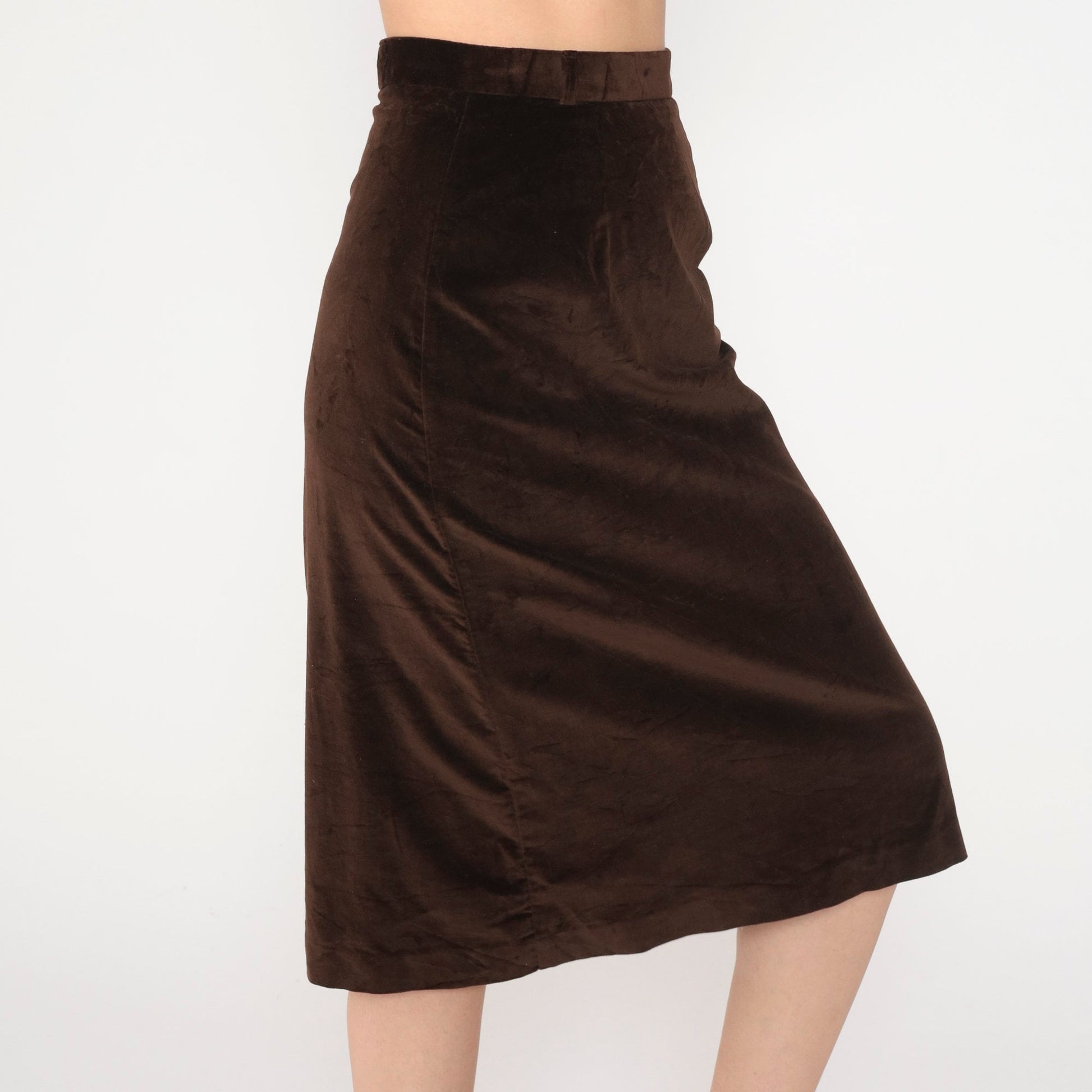 80s Brown Velvet Pencil Skirt High Waist Midi Extra Small XS
