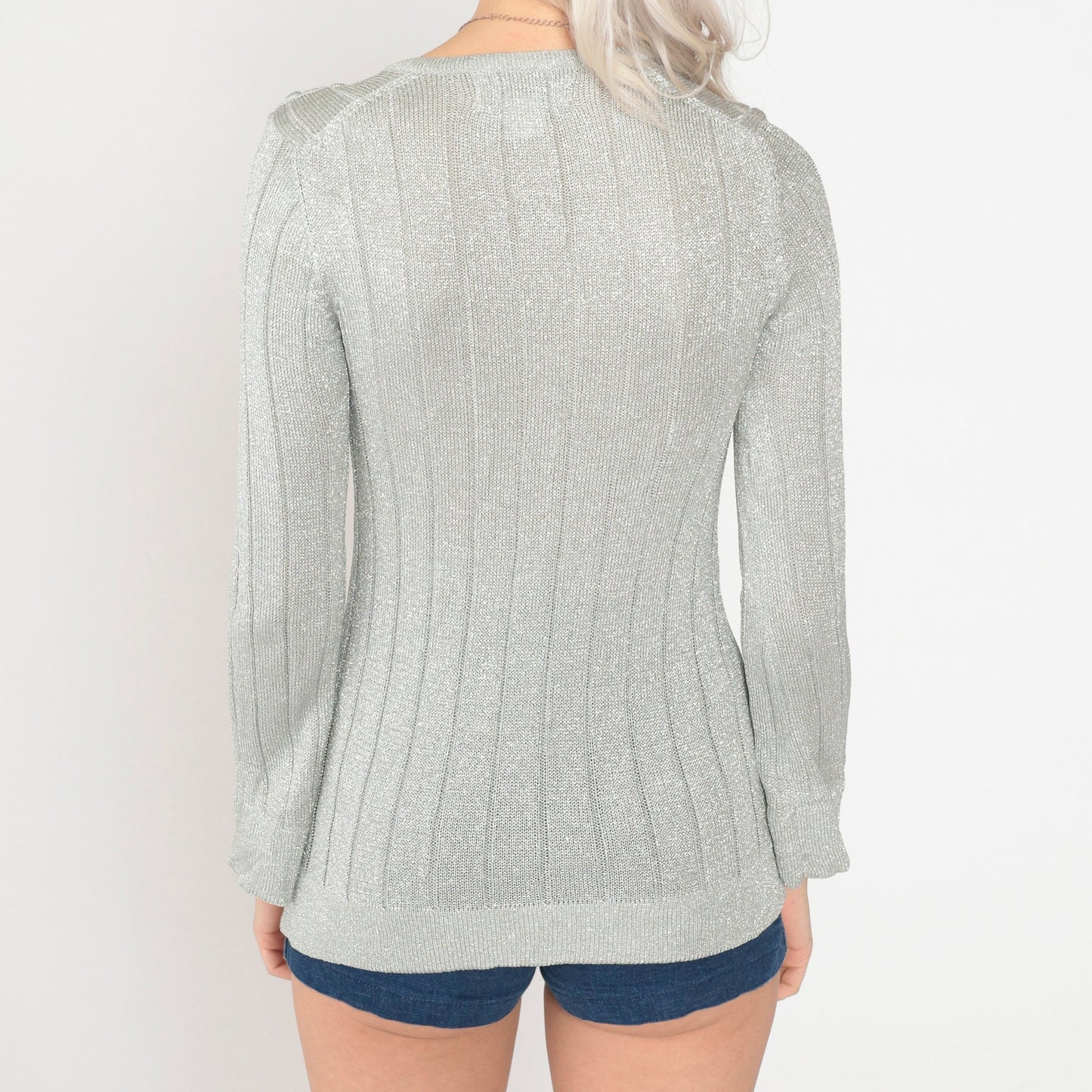 70s Silver Metallic Pointelle Knit Sweater Cutout Chest Pullover Small