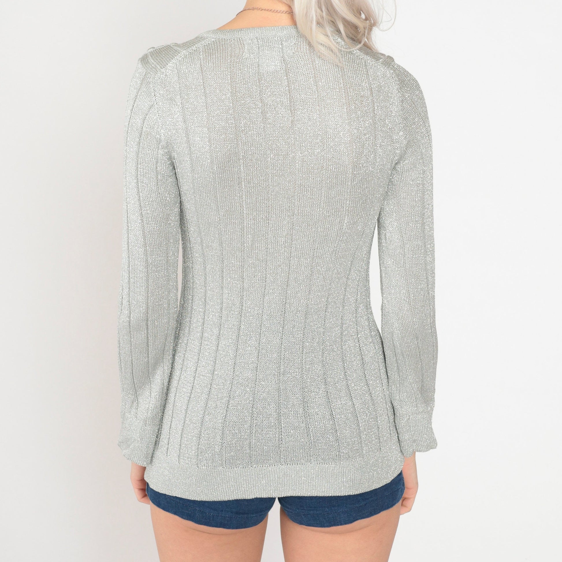 70s Silver Metallic Pointelle Knit Sweater Cutout Chest Pullover Small