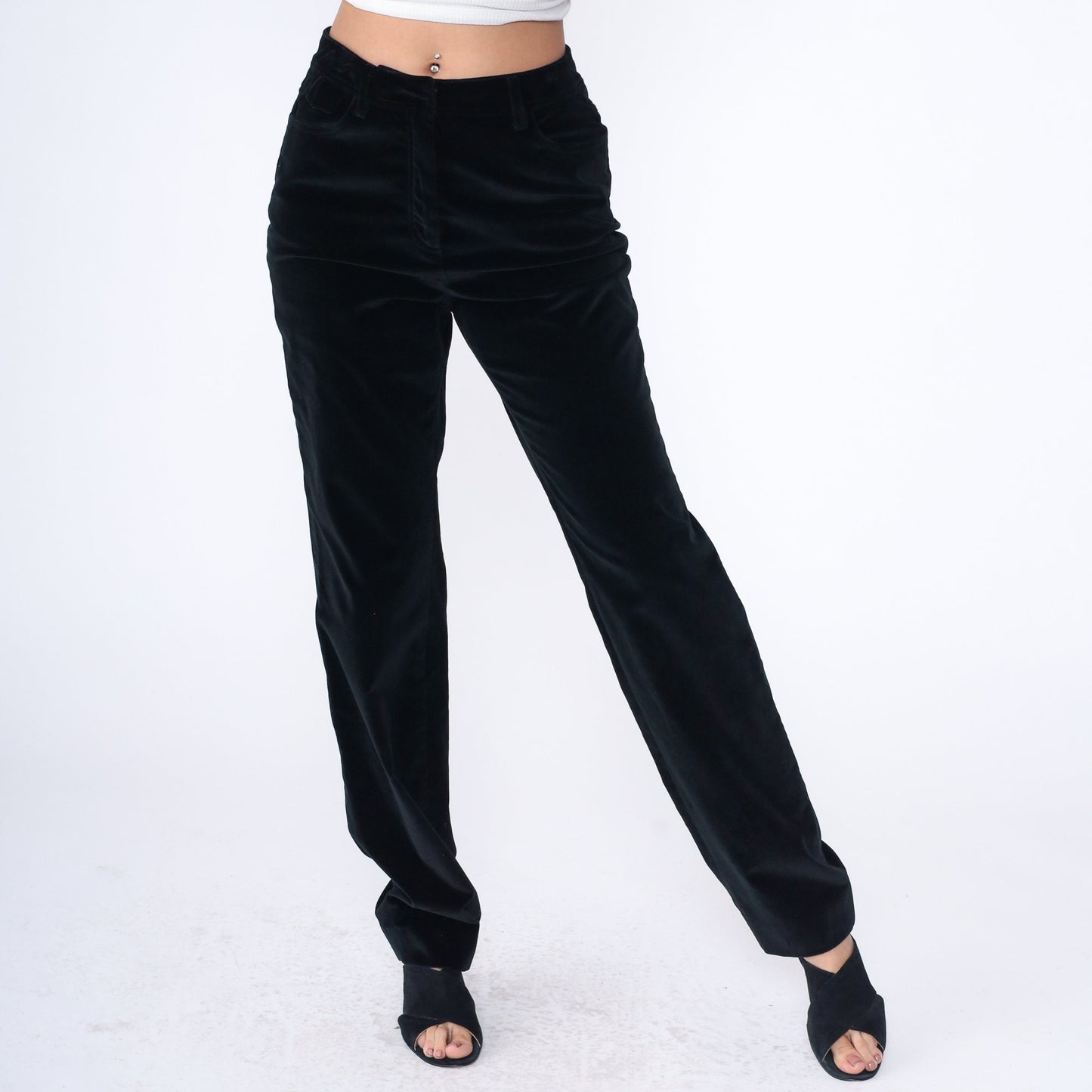 90s Per Se Black Velvet High-Waist Straight-Leg Trousers Medium 8