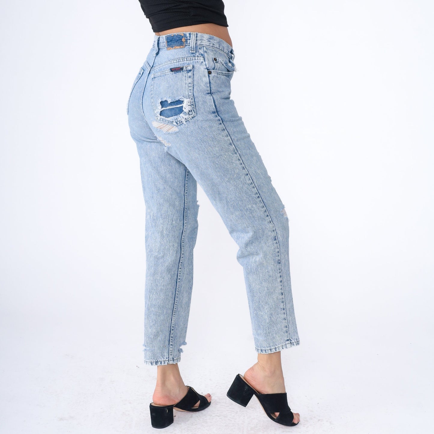 90s Brittania Ripped Mom Jeans Light Blue Denim Tapered Small