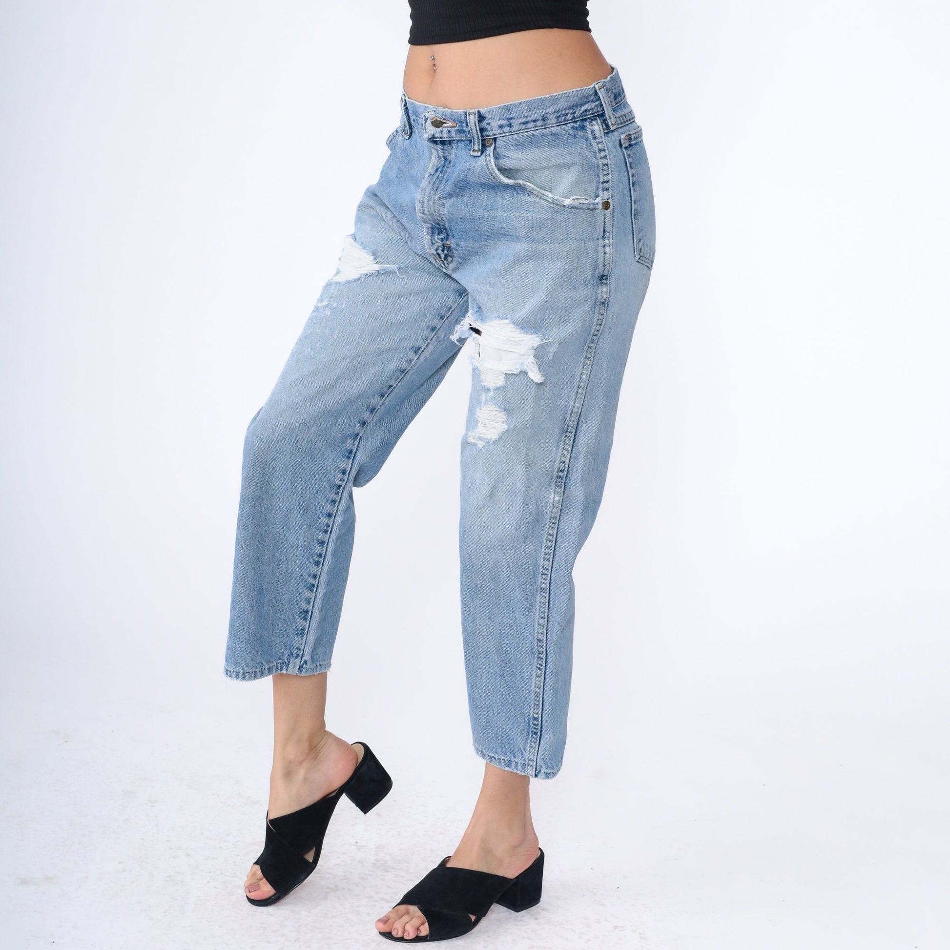 Wrangler Y2K Ripped Straight Leg Jeans Faded Blue High Rise Medium
