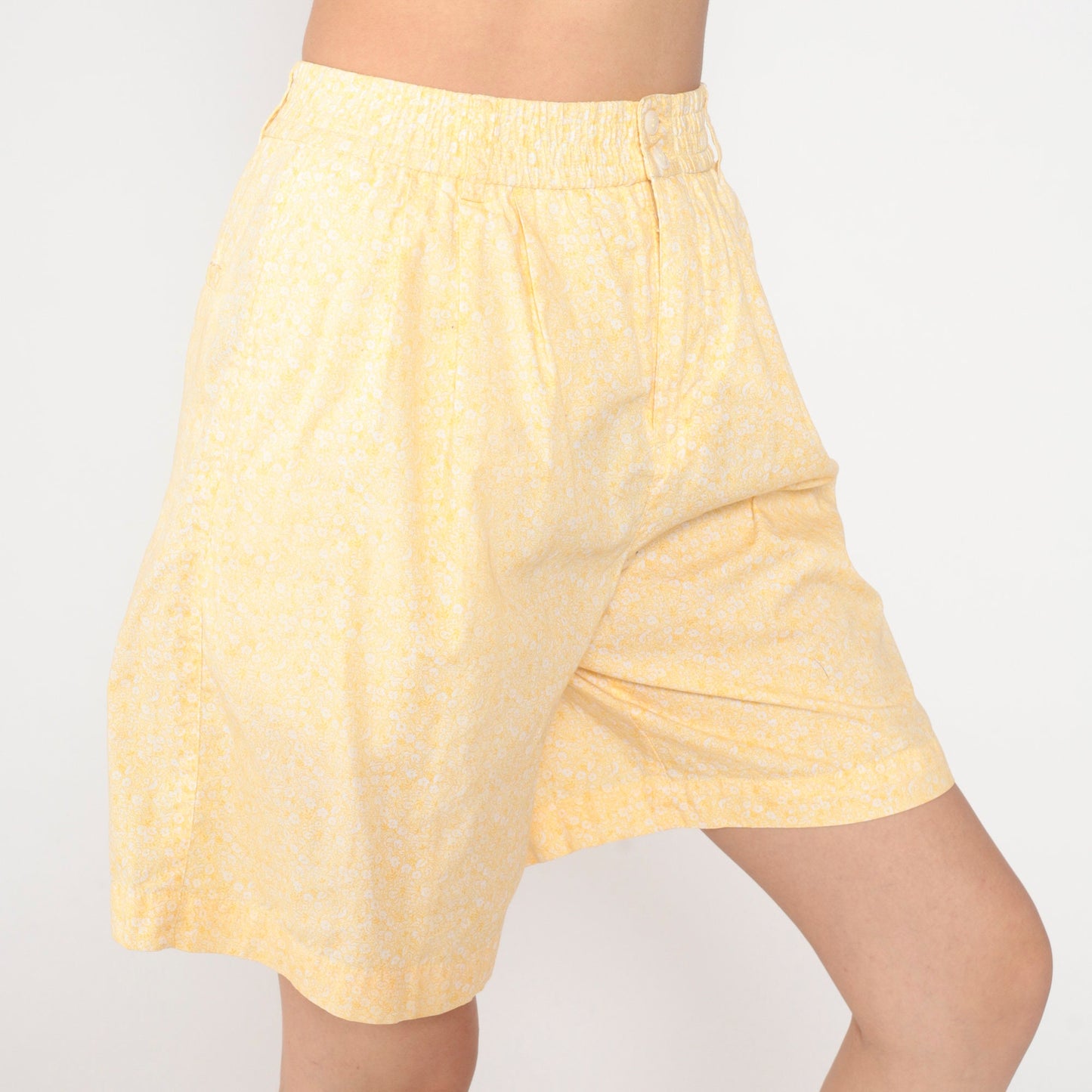 90s Liz Claiborne Floral Shorts Yellow High Waisted Wide Leg Cotton Small