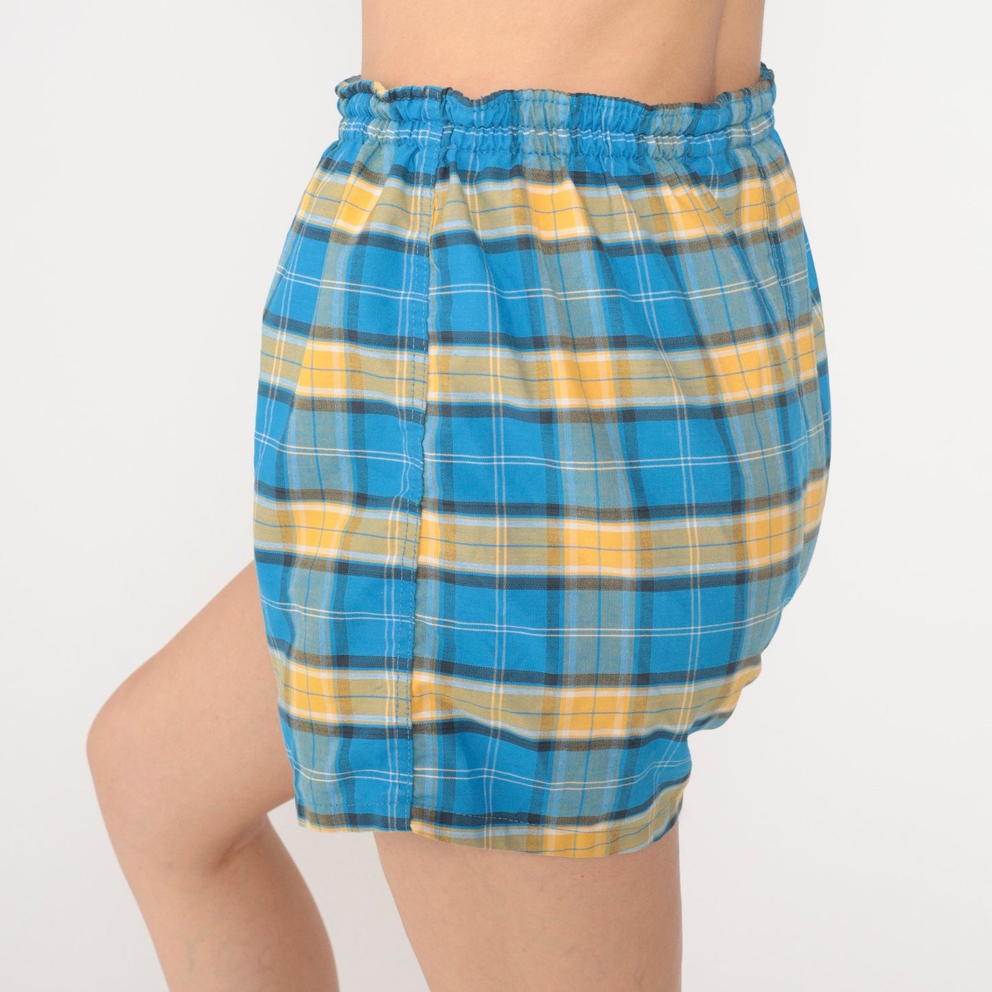 80s Blue Plaid Shorts Elastic Drawstring Waist Cotton Blend Medium