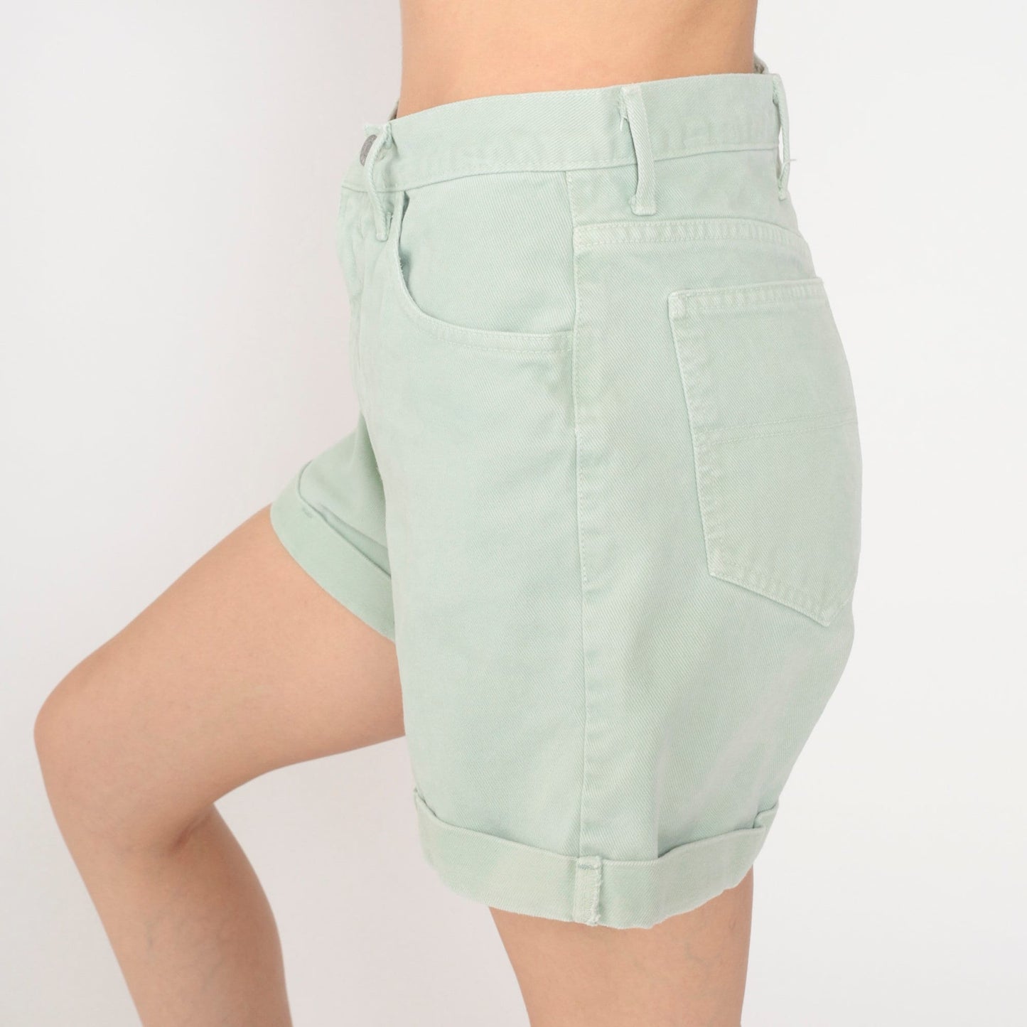 90s Guess Light Green Denim Shorts High Waist Cuffed Small