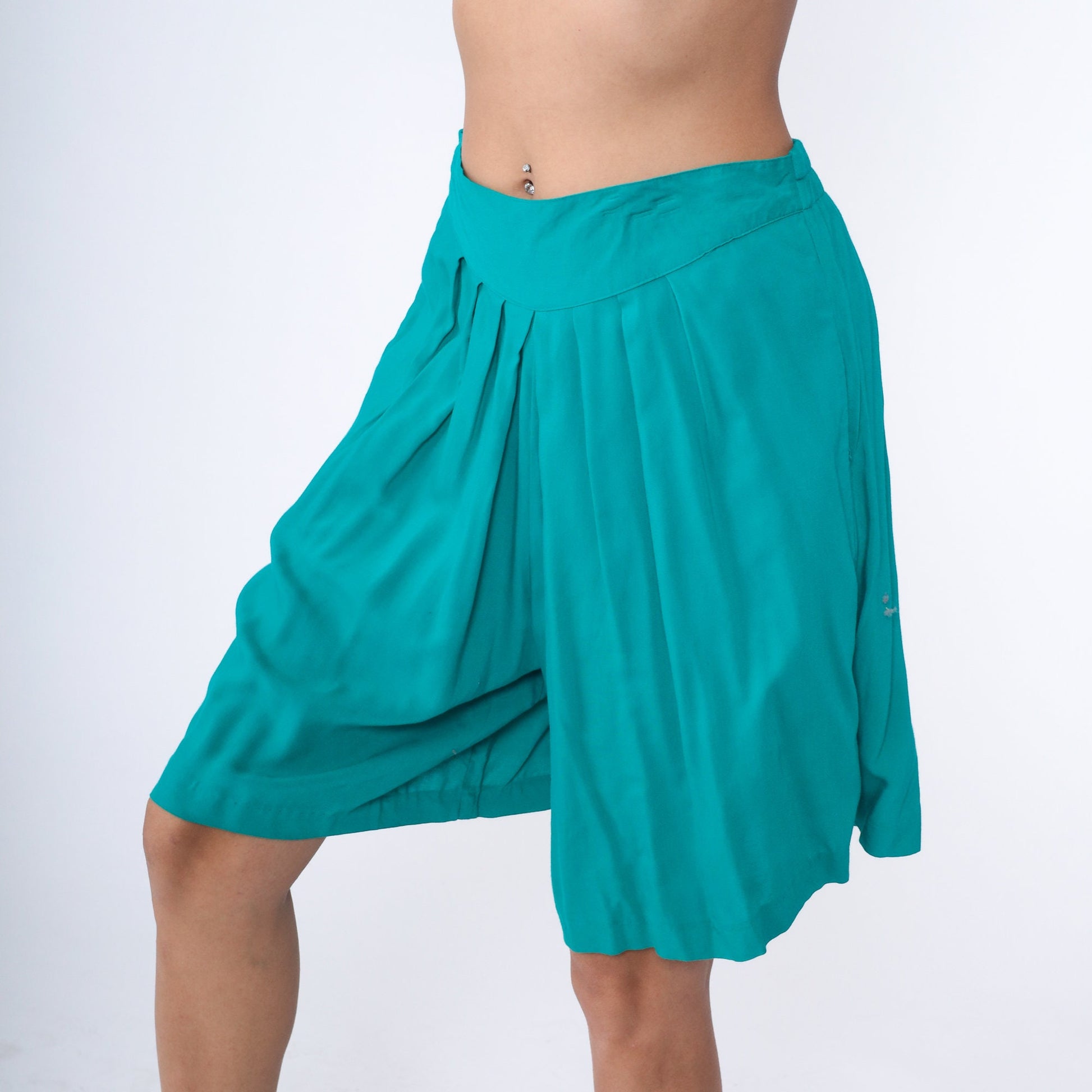 90s Teal Pleated Wide Leg Shorts High Waist Culotte Bermuda Large L