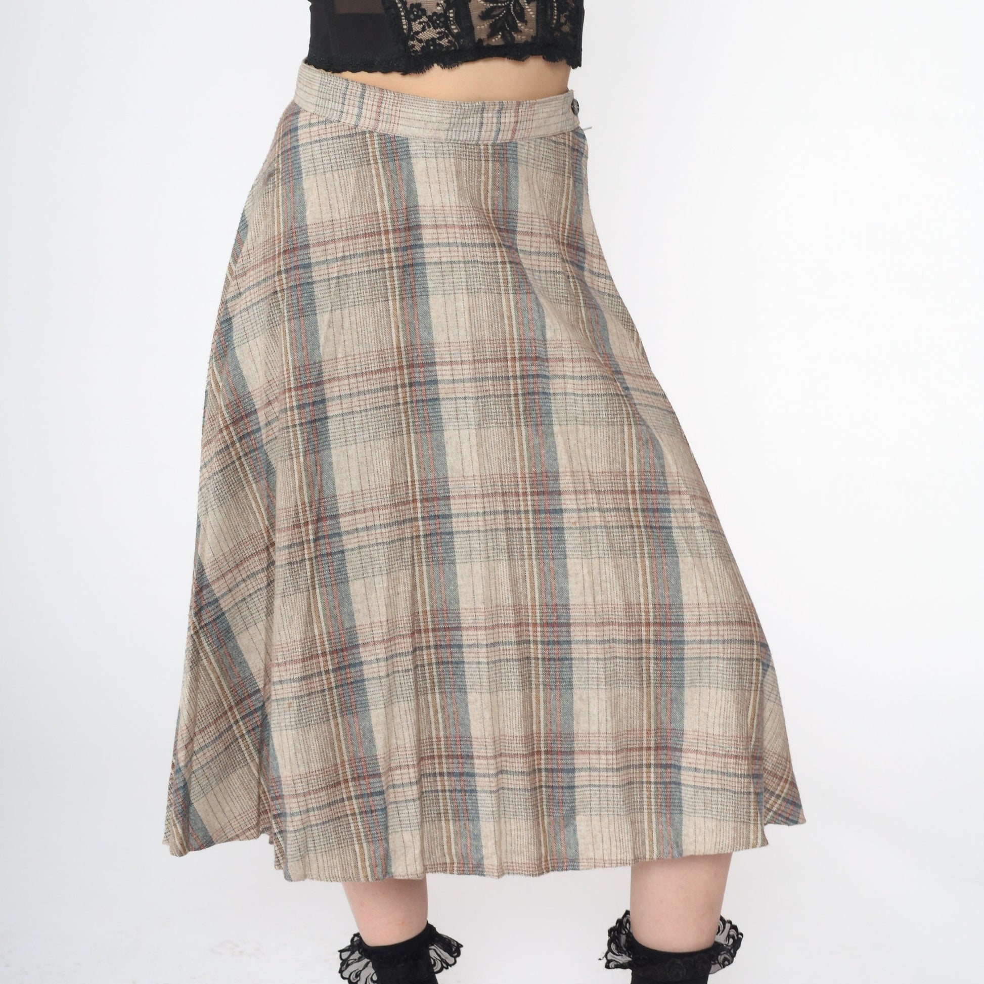 1970s Plaid Wool Midi Skirt Beige Red Blue Pleated High Waist Small