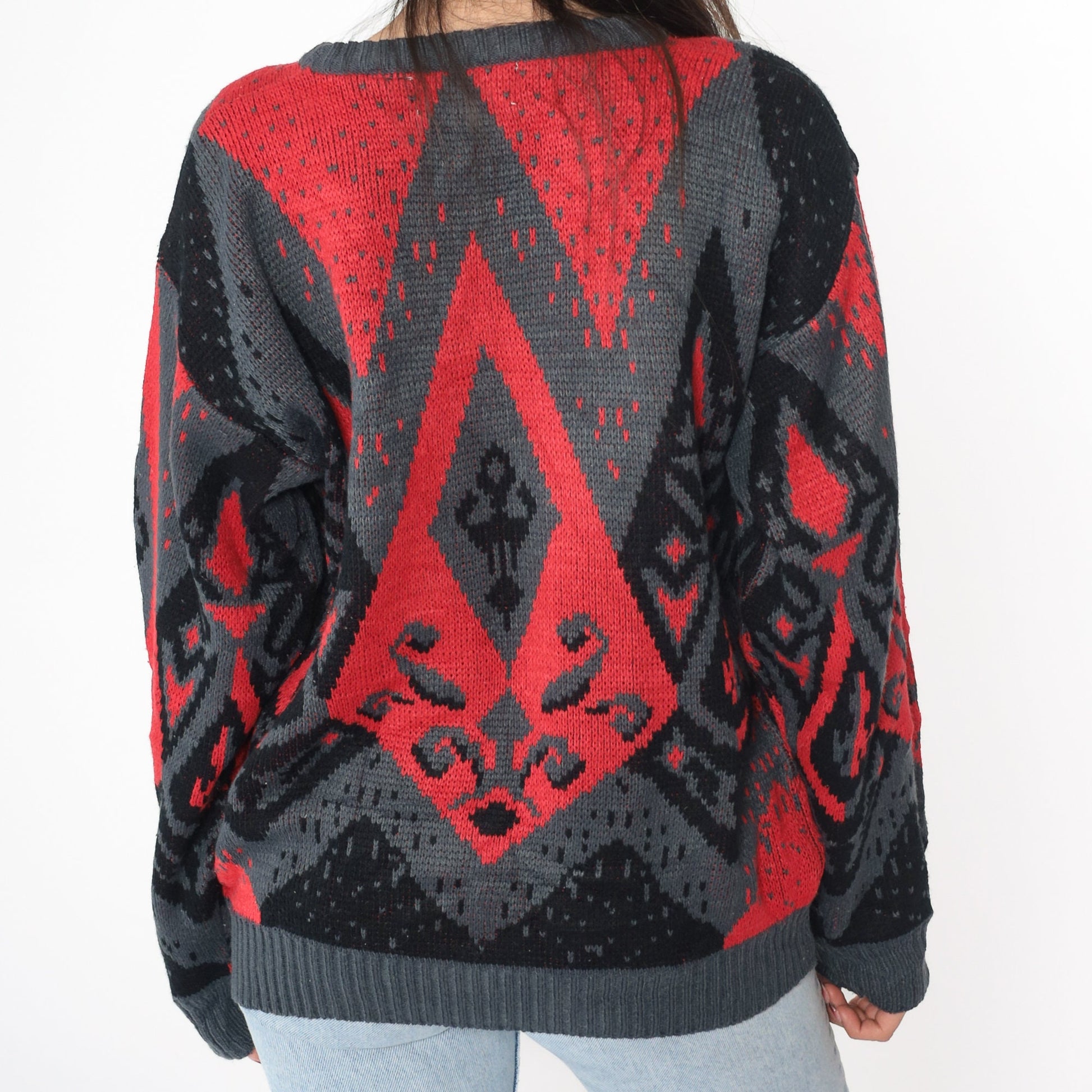 80s DJ Smash Geometric Knit Sweater Red Black Crewneck Medium