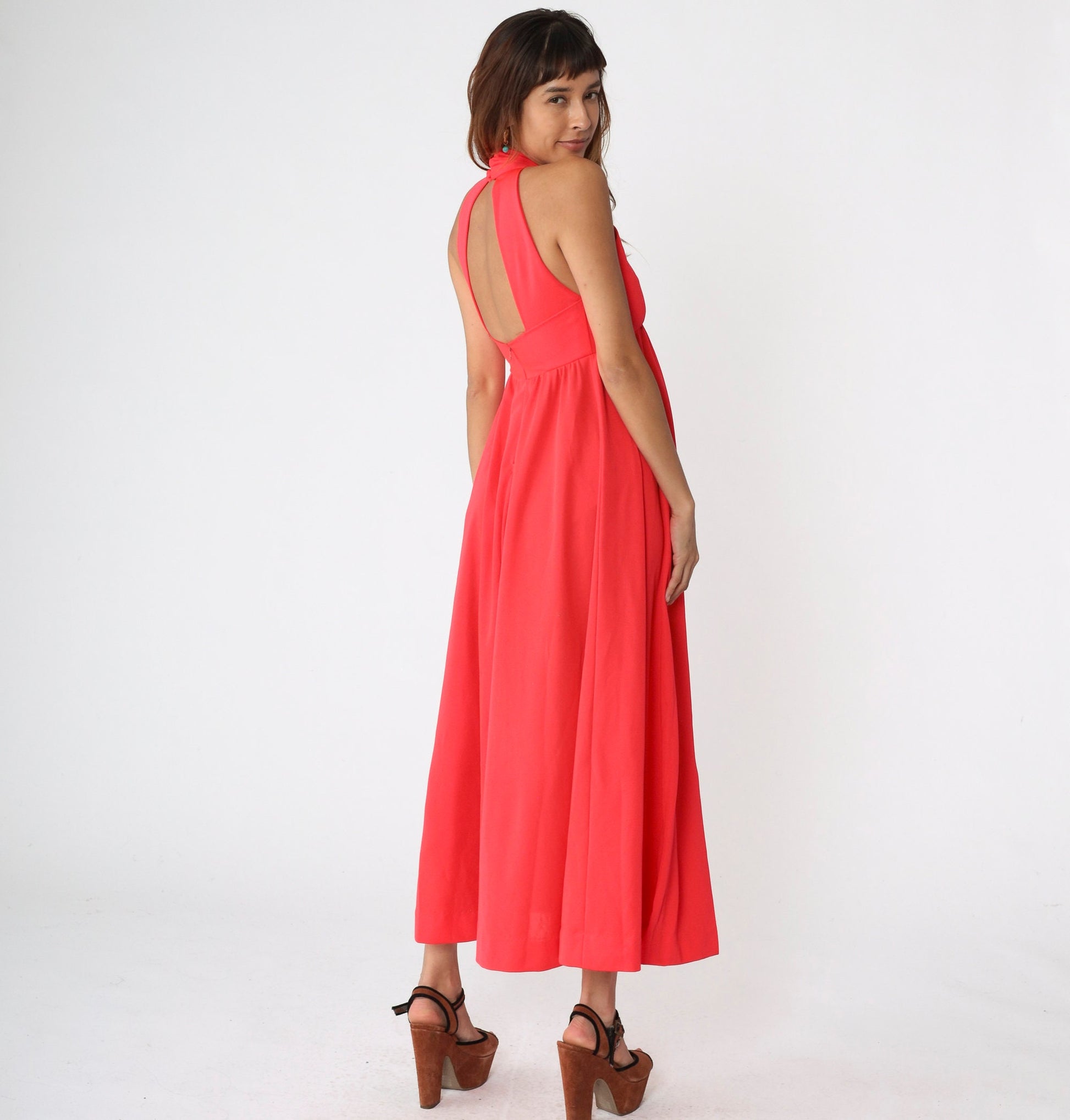70s Coral Maxi Dress Halter Keyhole Back Empire Waist Criss Cross Small