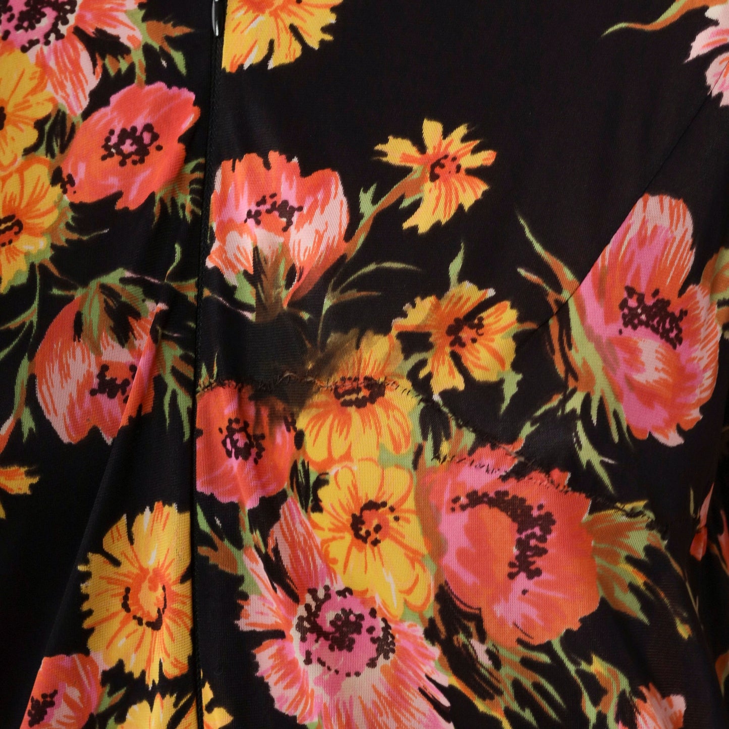 70s Black Floral Maxi Nightgown Zip Front 3/4 Sleeve Loungewear Large