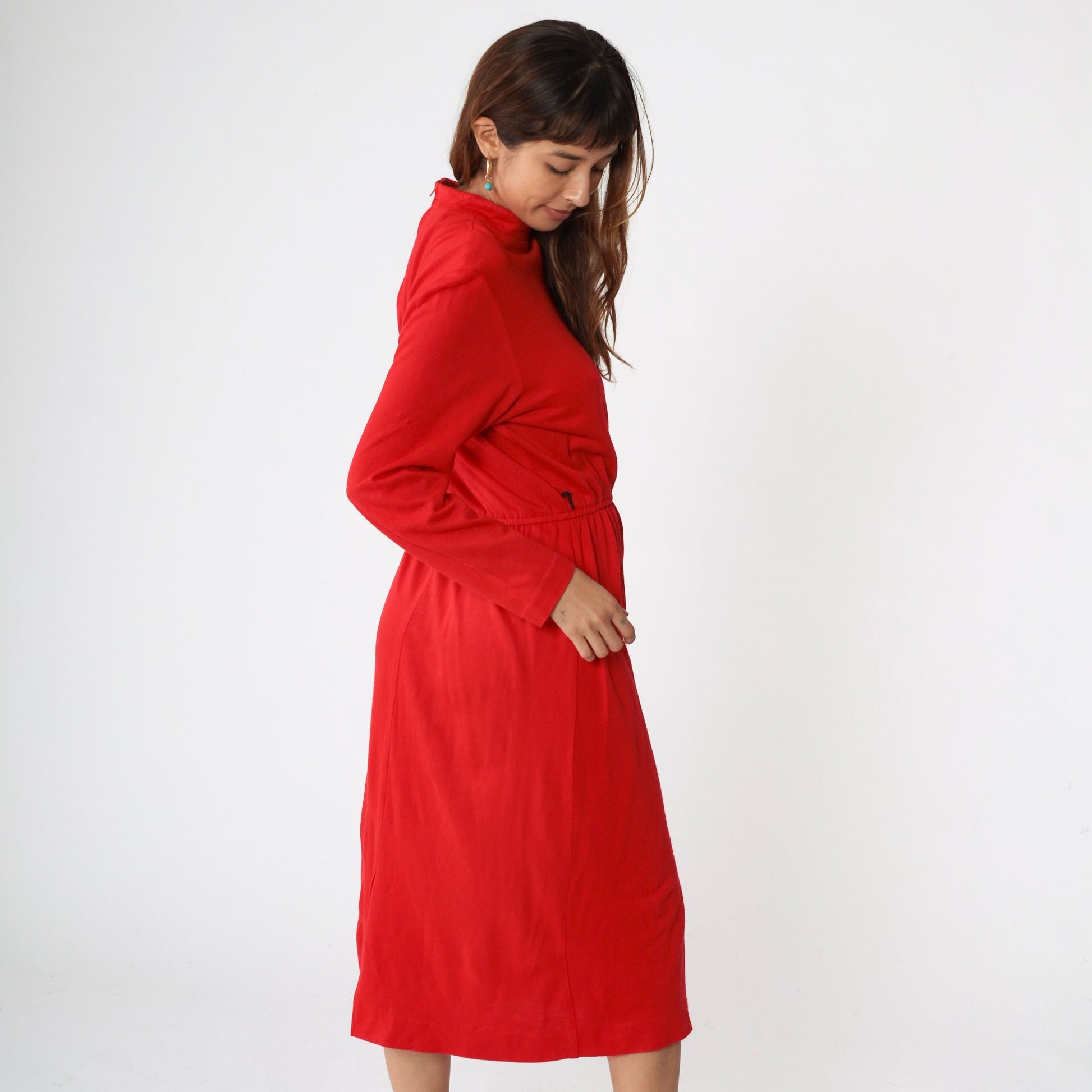 80s Red Mock Neck Midi Dress Long Sleeve Elastic Waist Medium
