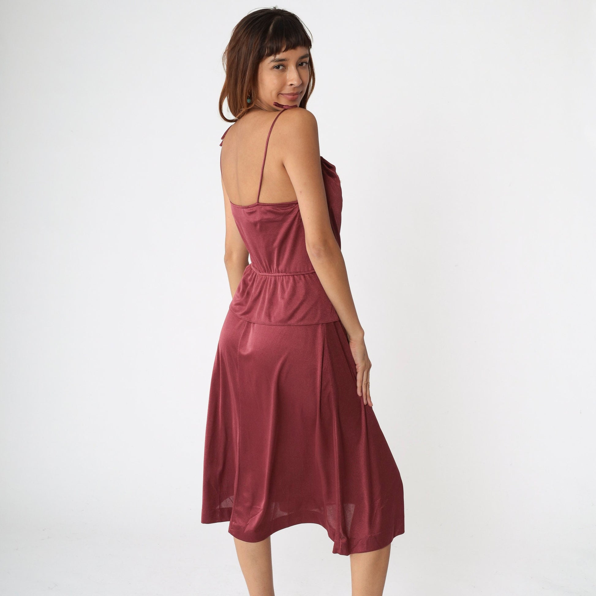 70s Burgundy Midi Dress High Waist Peplum Spaghetti Strap Small