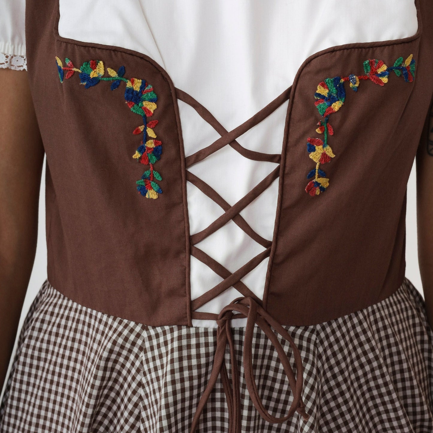 1960s Brown Gingham Midi Dress Puff Sleeve Lace-Up Corset Waist Large