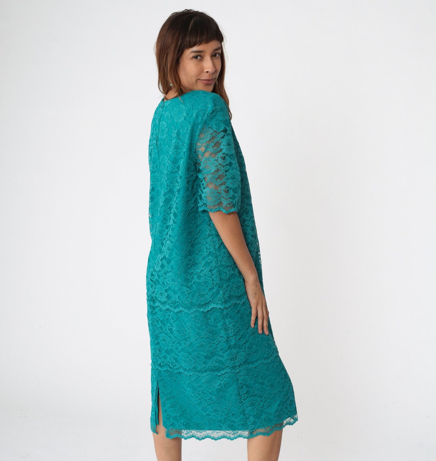 90s Teal Lace Midi Dress Short Sleeve Shift Sheath Green Vintage Medium