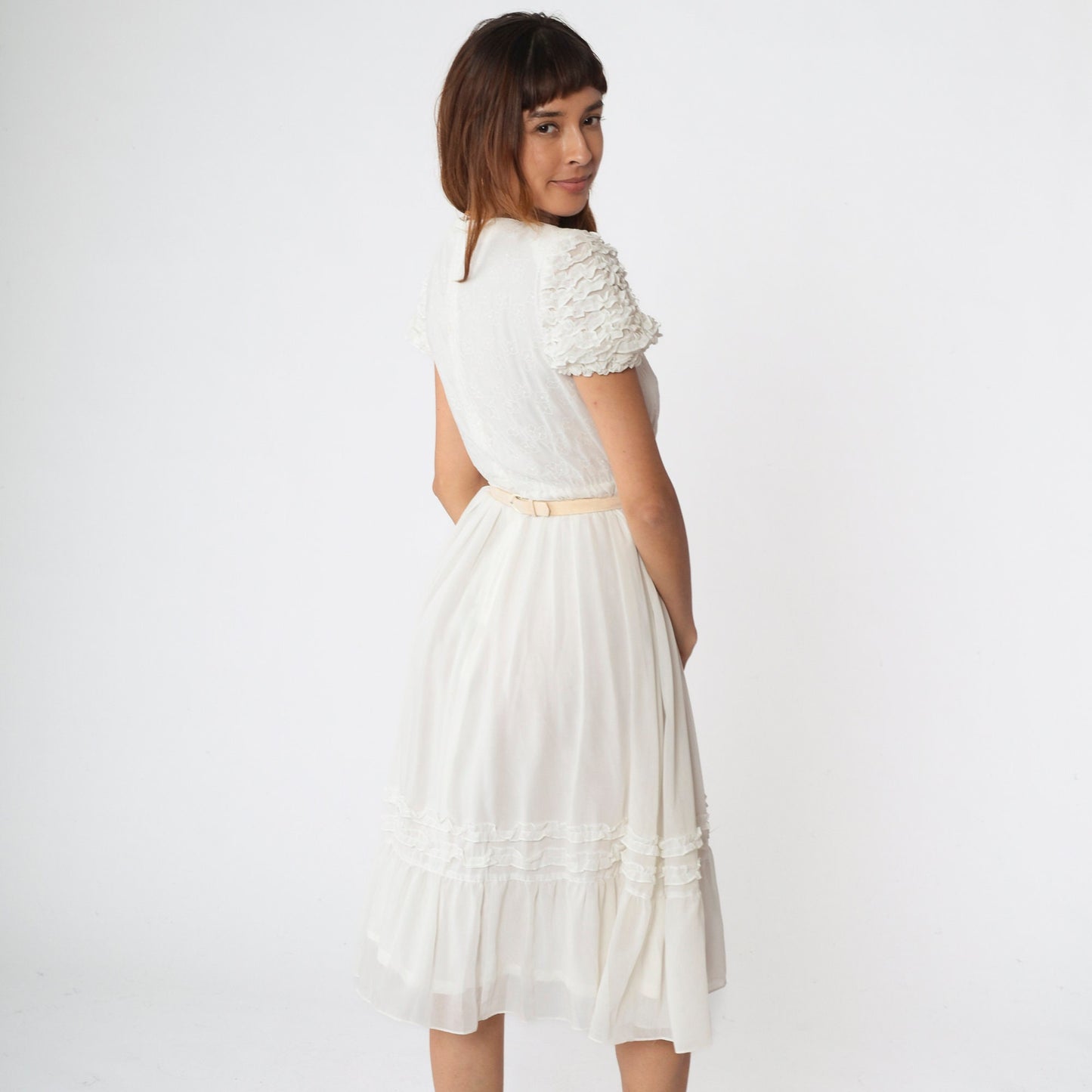 80s White Leaf Print Midi Dress Puff Sleeve High Waist Belt Extra Small