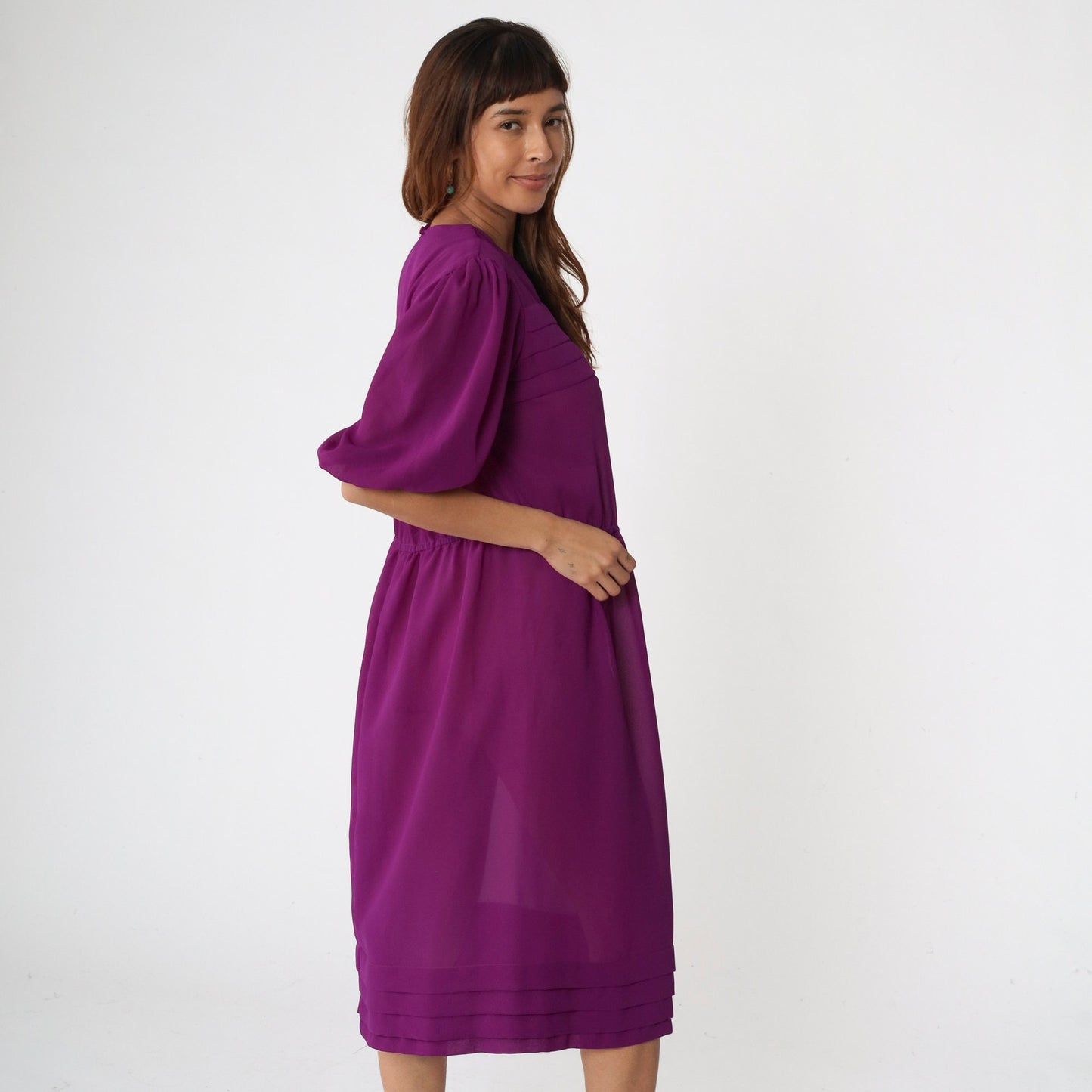 80s Purple Sheer Midi Dress Puff Sleeve Pleated High Waist Keyhole Medium Large